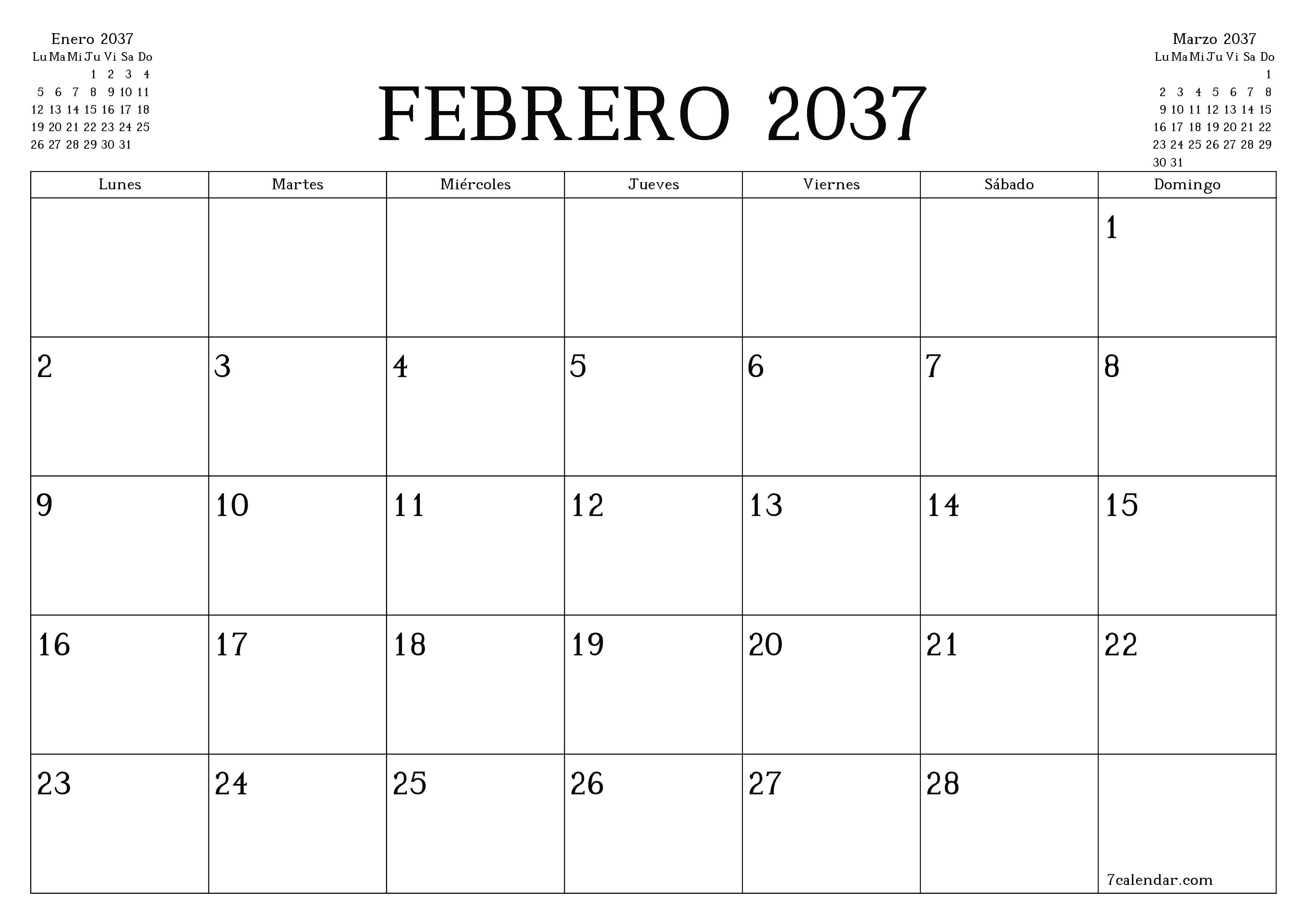 Planificador mensual vacío para el mes Febrero 2037 con notas, guardar e imprimir en PDF PNG Spanish