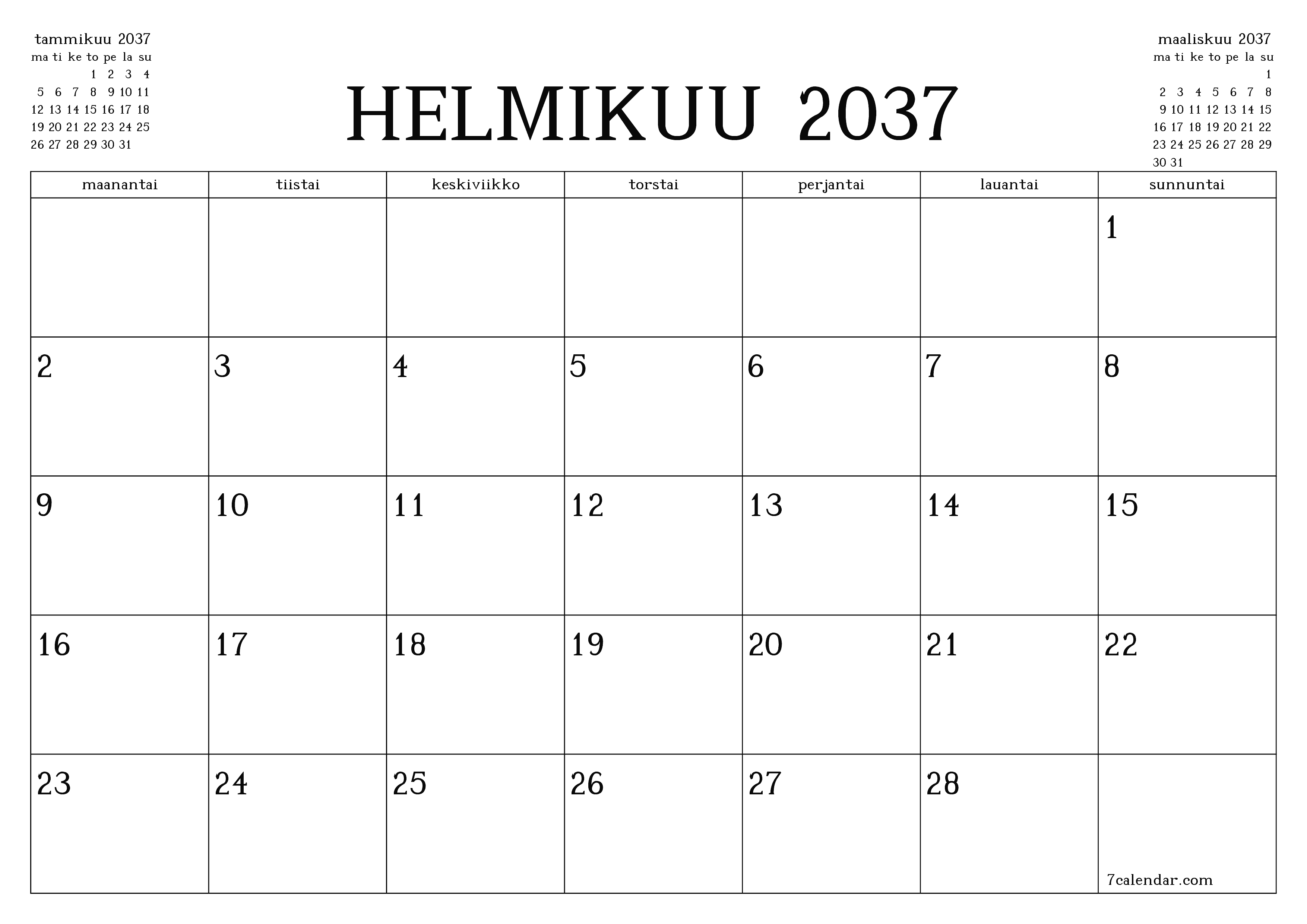 Tyhjennä kuukausittainen suunnittelija kuukaudelle Helmikuu 2037 muistiinpanoilla, tallenna ja tulosta PDF-muotoon PNG Finnish