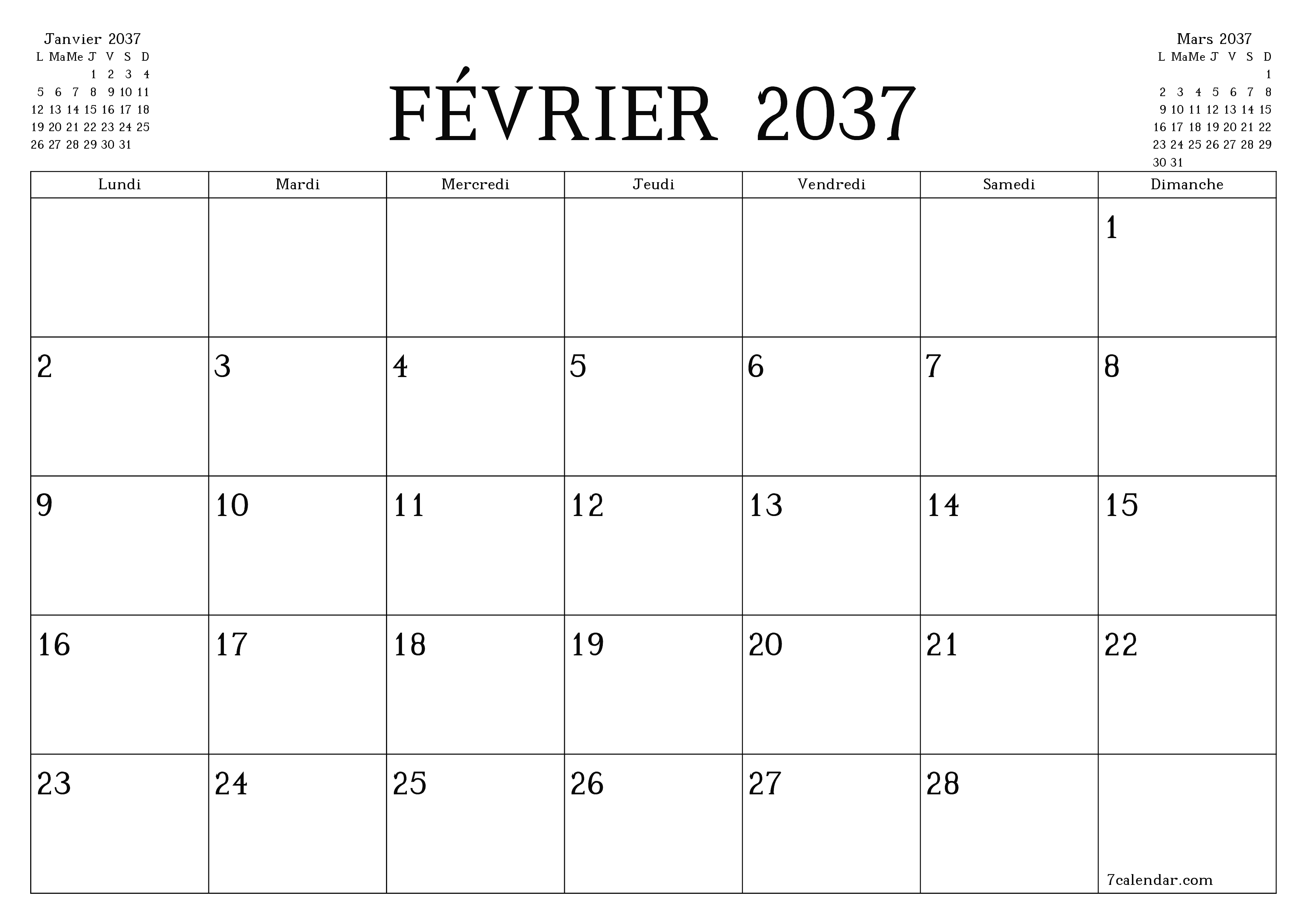 Agenda mensuel vide pour le mois Février 2037 avec notes, enregistrez et imprimez au format PDF PNG French