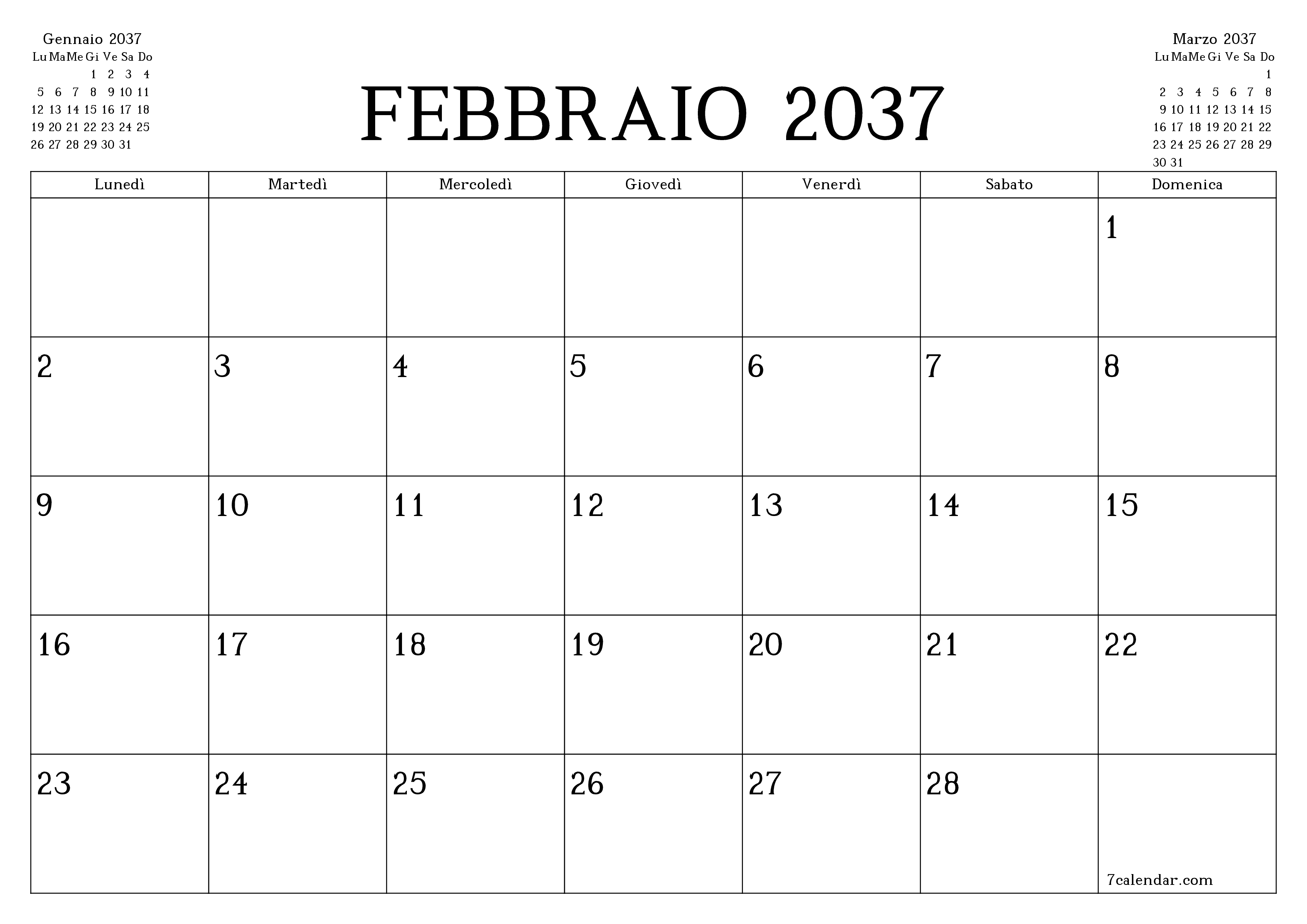 Pianificatore mensile vuoto per il mese Febbraio 2037 con note, salva e stampa in PDF PNG Italian