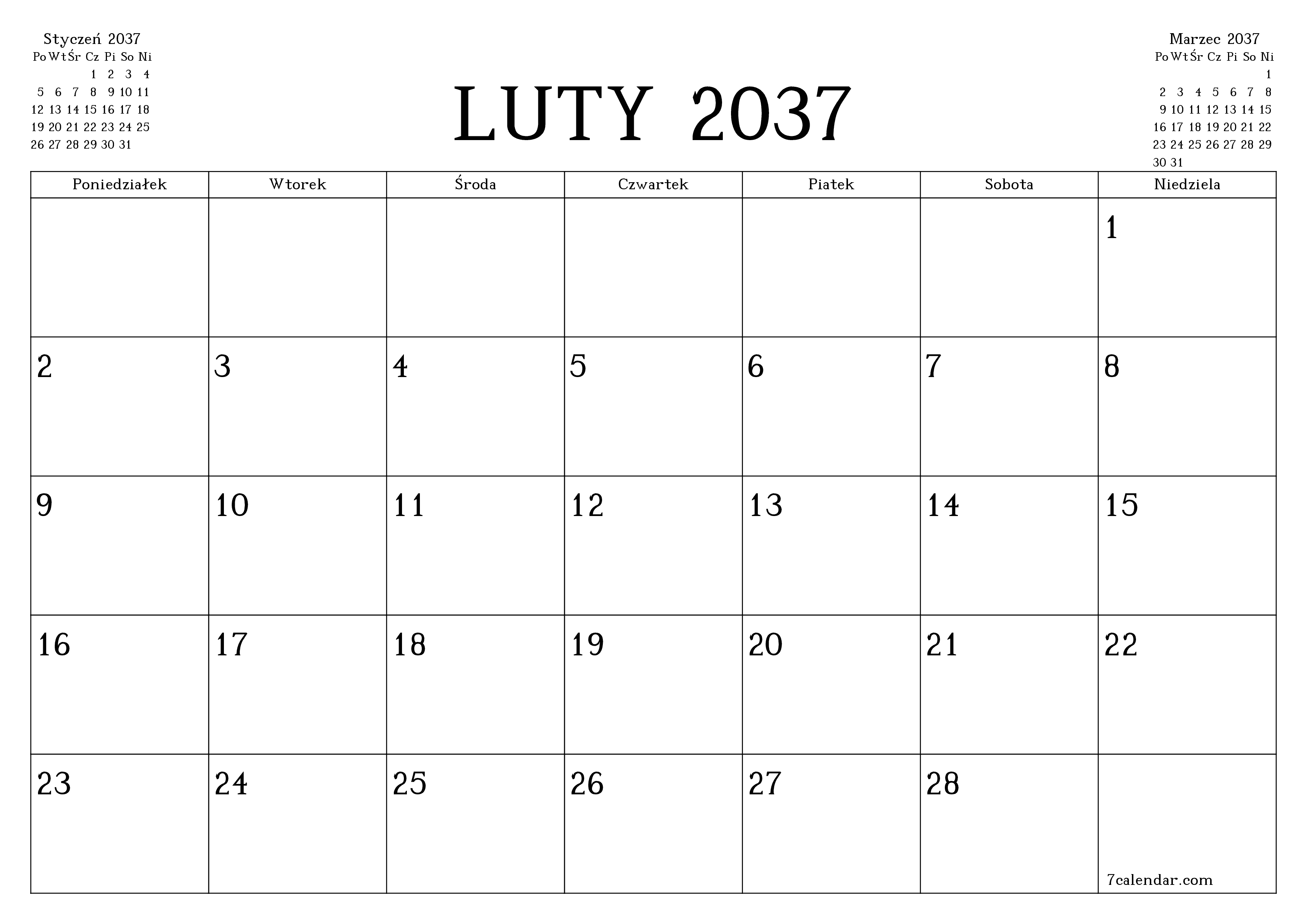 Opróżnij miesięczny planer na miesiąc Luty 2037 z notatkami, zapisz i wydrukuj w formacie PDF PNG Polish