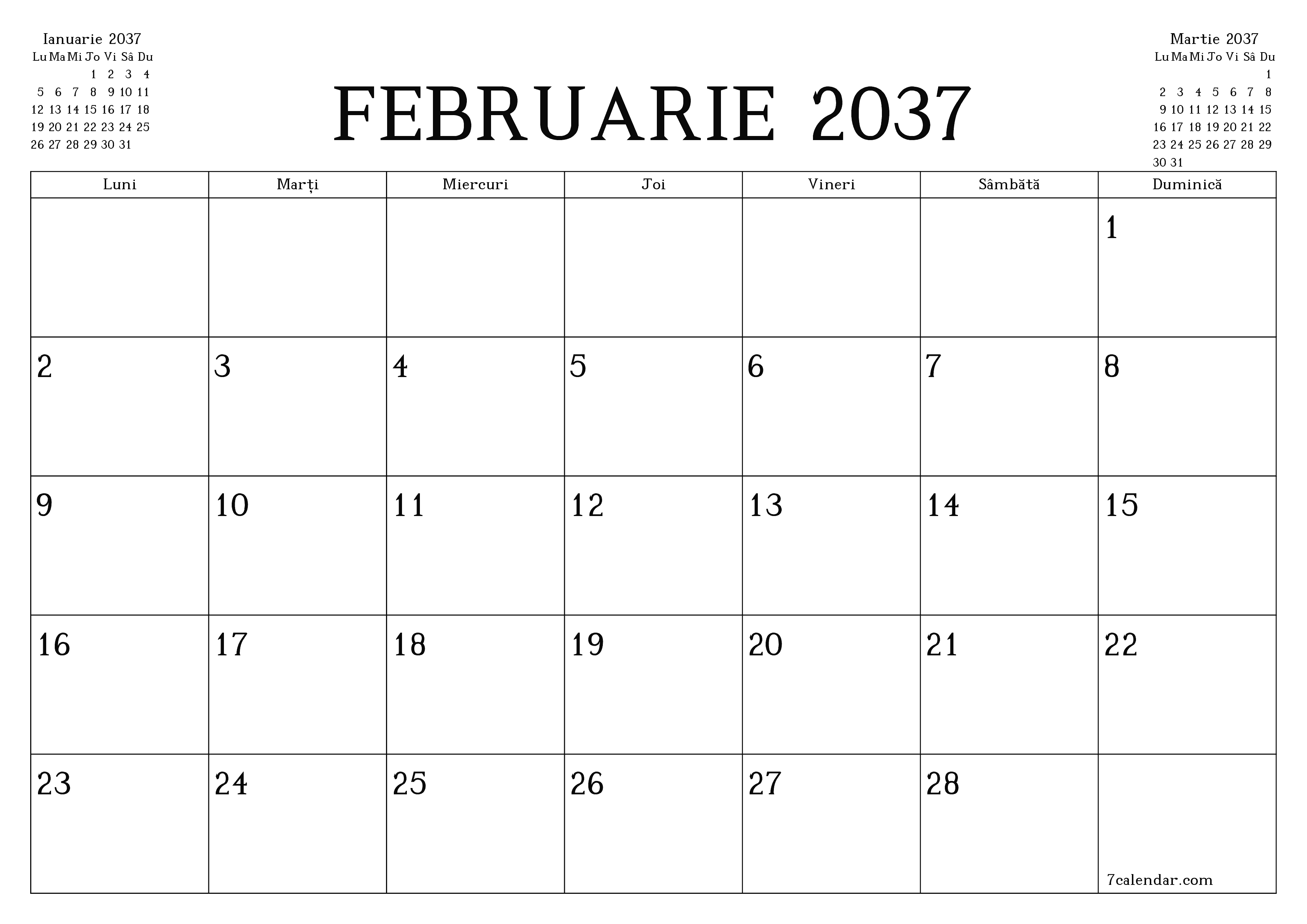 Planificator lunar gol pentru luna Februarie 2037 cu note, salvați și tipăriți în PDF PNG Romanian