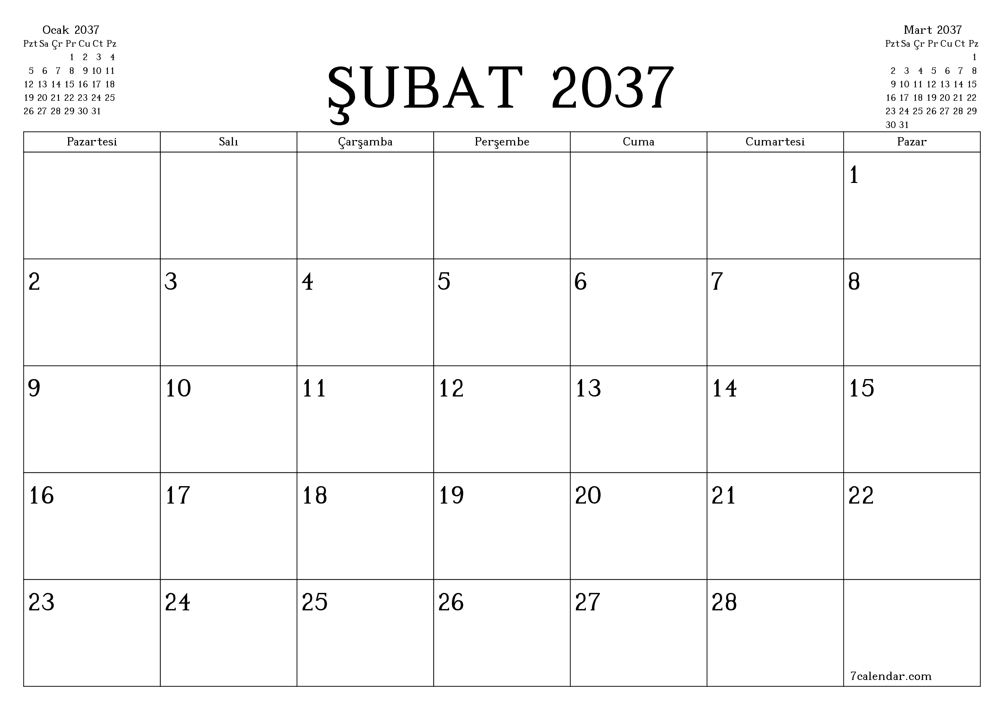 Şubat 2037 ayı için notlarla birlikte boş aylık planlayıcı, kaydedin ve PDF'ye yazdırın PNG Turkish