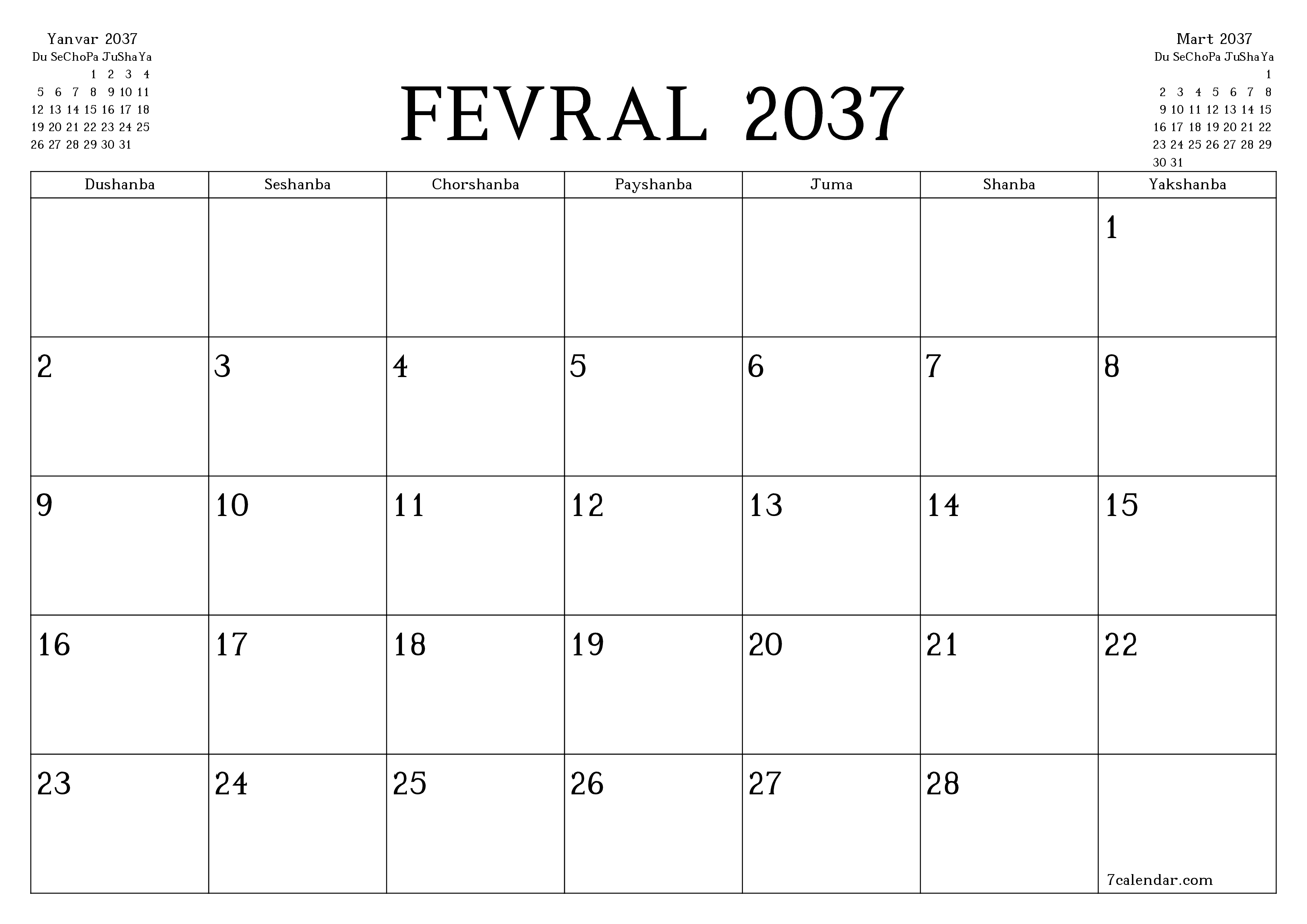 Fevral 2037 oylik oylik rejalashtiruvchini yozuvlar bilan bo'shatish, saqlash va PDF-ga chop etish PNG Uzbek