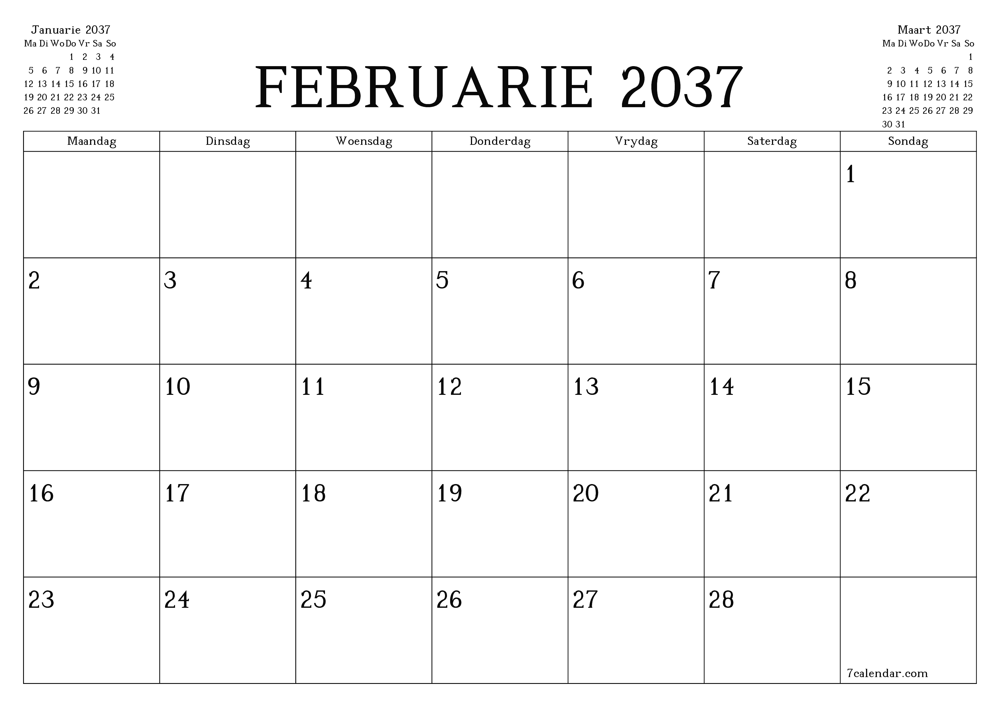 drukbare muur template gratis horisontaal Maandeliks beplanner kalender Februarie (Feb) 2037