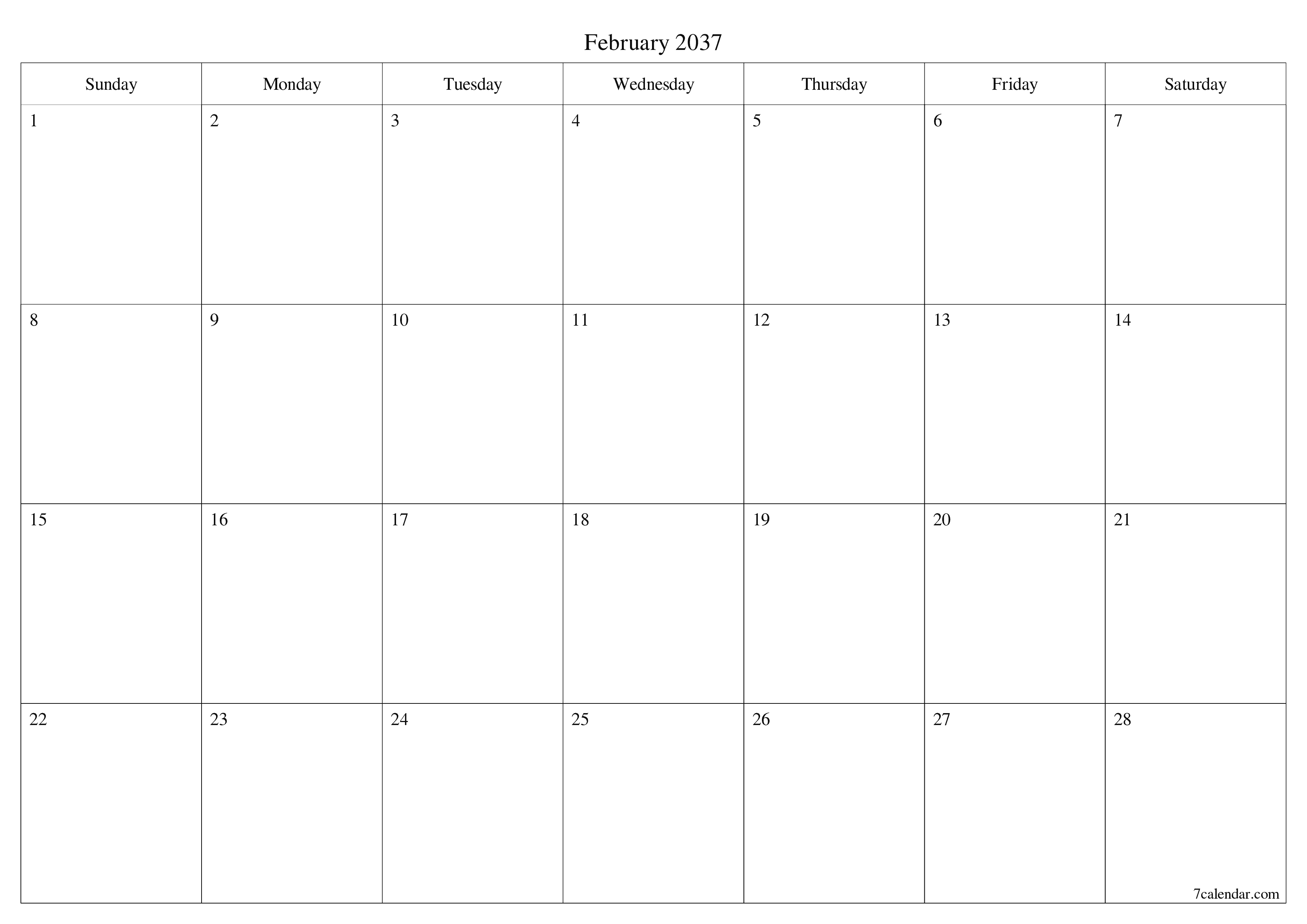 Blank calendar February 2037