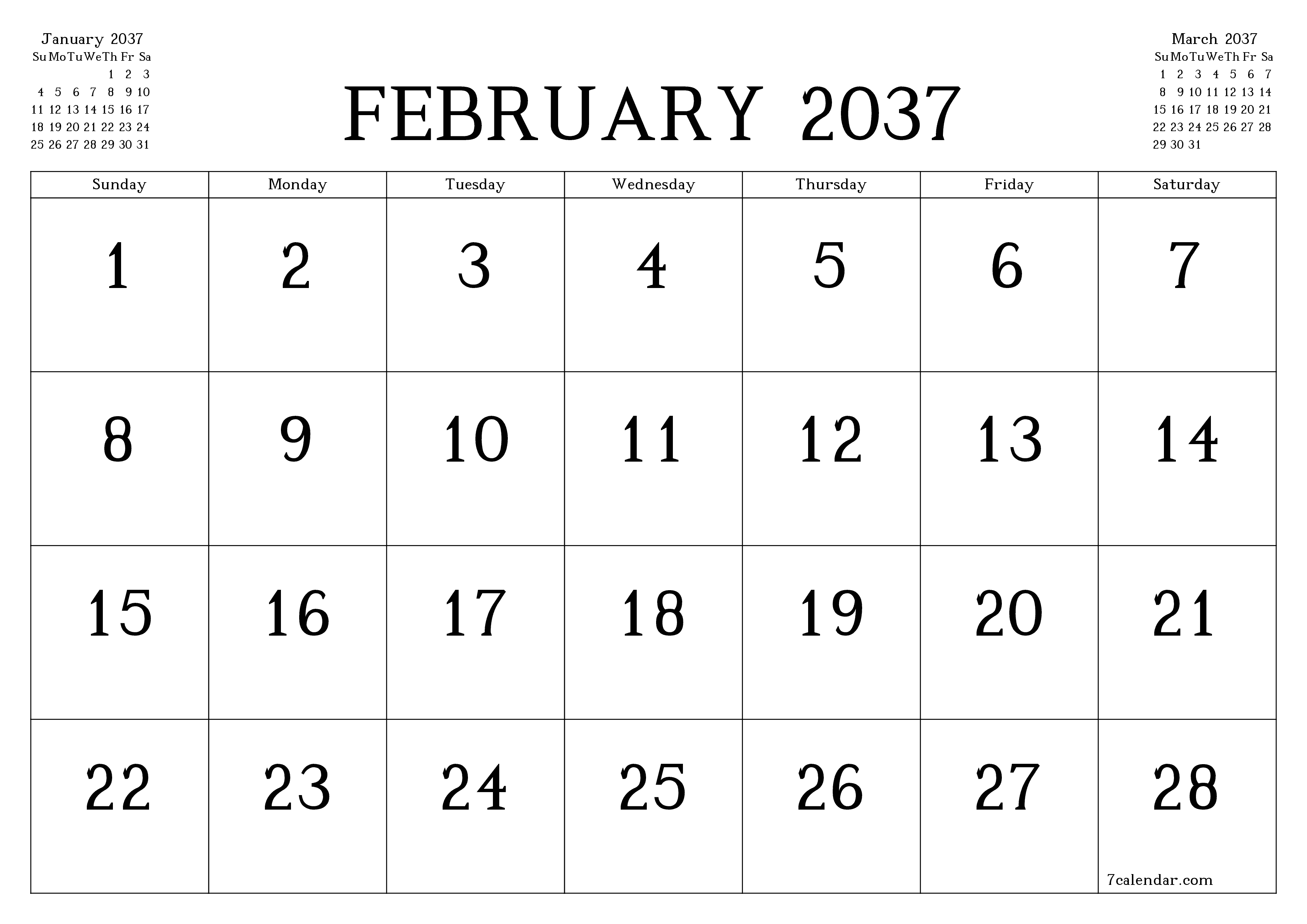 Blank calendar February 2037