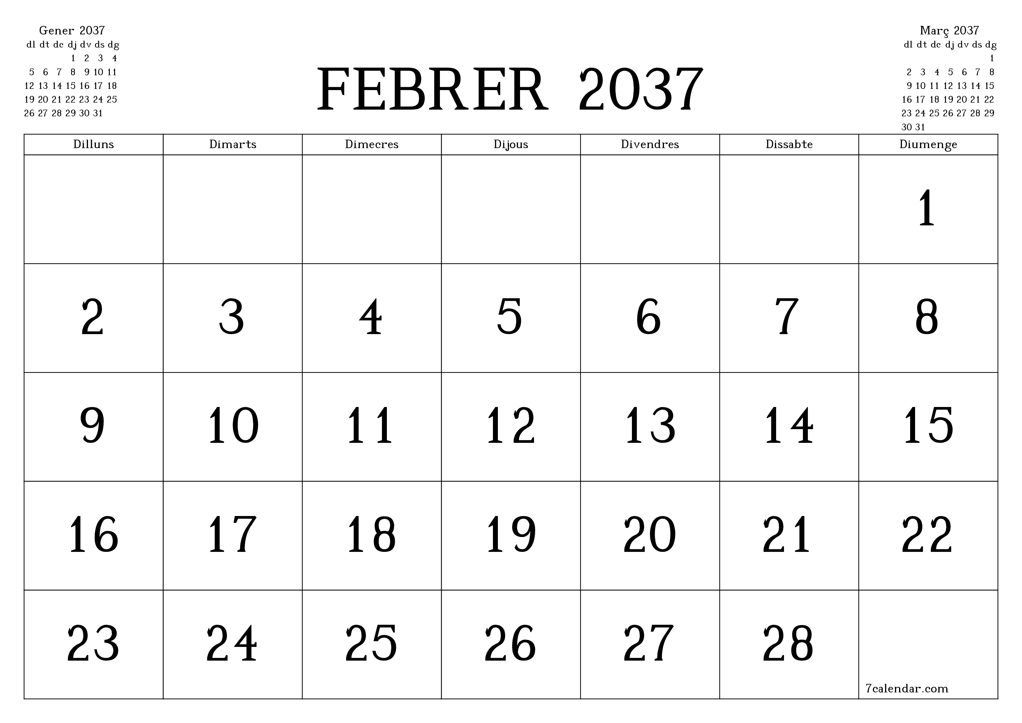 Planificador mensual buit del mes Febrer 2037 amb notes, deseu-lo i imprimiu-lo en format PDF PNG Catalan
