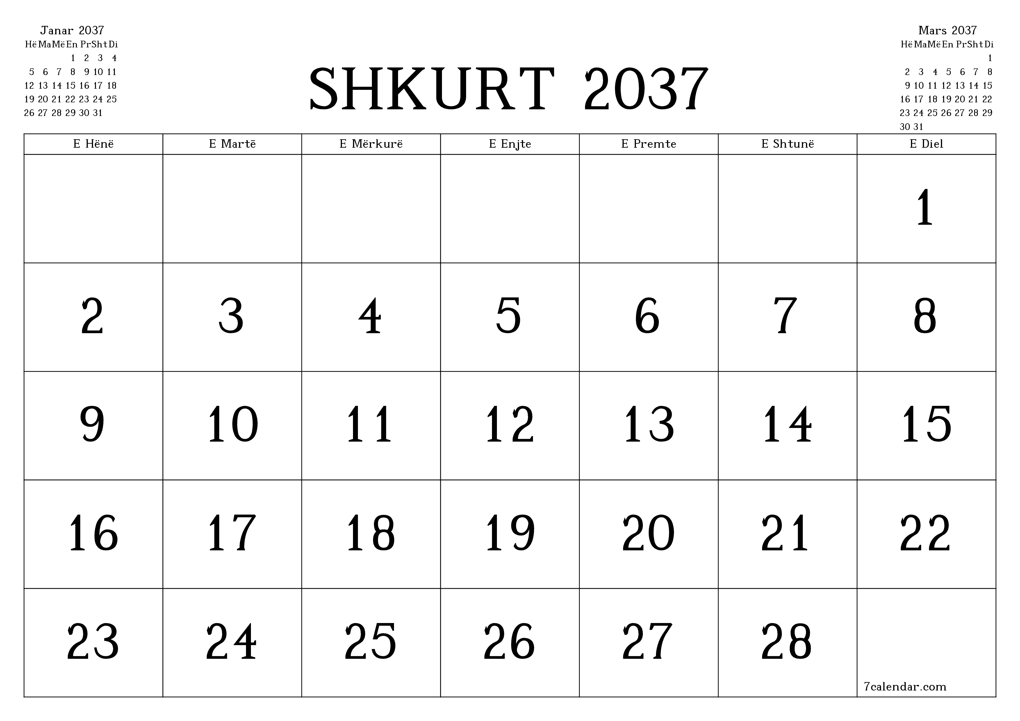 Planifikuesi i zbrazët i kalendarit mujor për muajin Shkurt 2037 me shënime të ruajtura dhe të printuara në PDF PNG Albanian