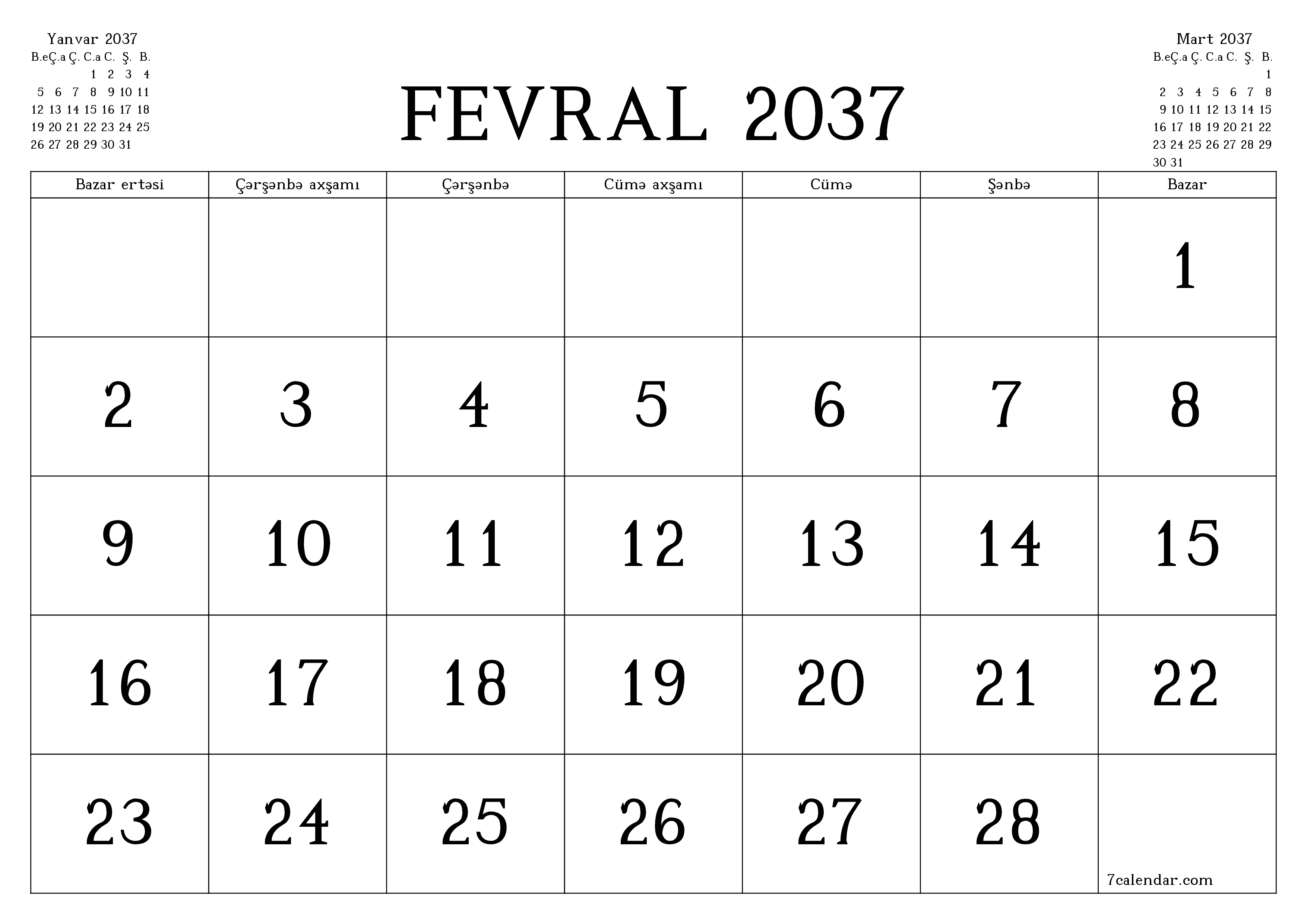 Fevral 2037 ayı üçün qeydlər ilə boş aylıq planlayıcı, qeyd edin və PDF-ə yazdırın PNG Azerbaijani