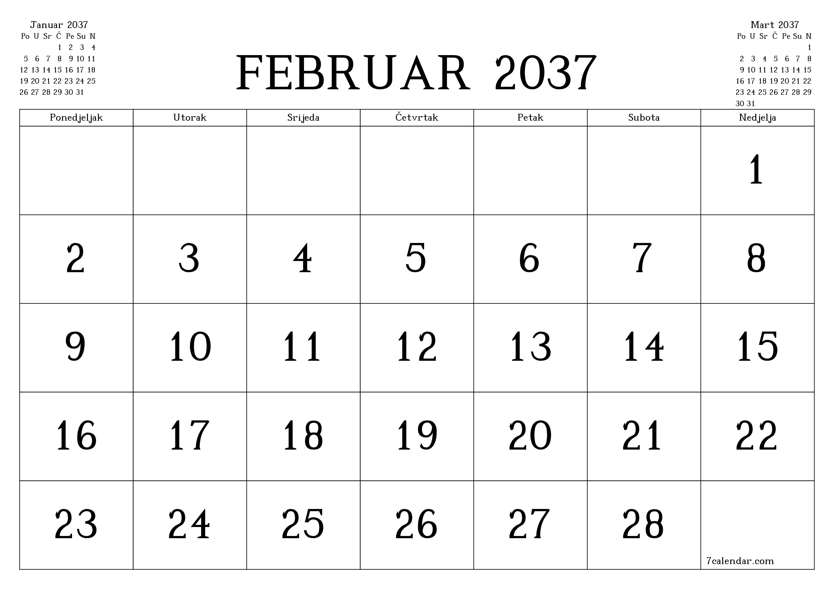 Ispraznite mjesečni planer za mjesec Februar 2037 s bilješkama, spremite i ispišite u PDF PNG Bosnian