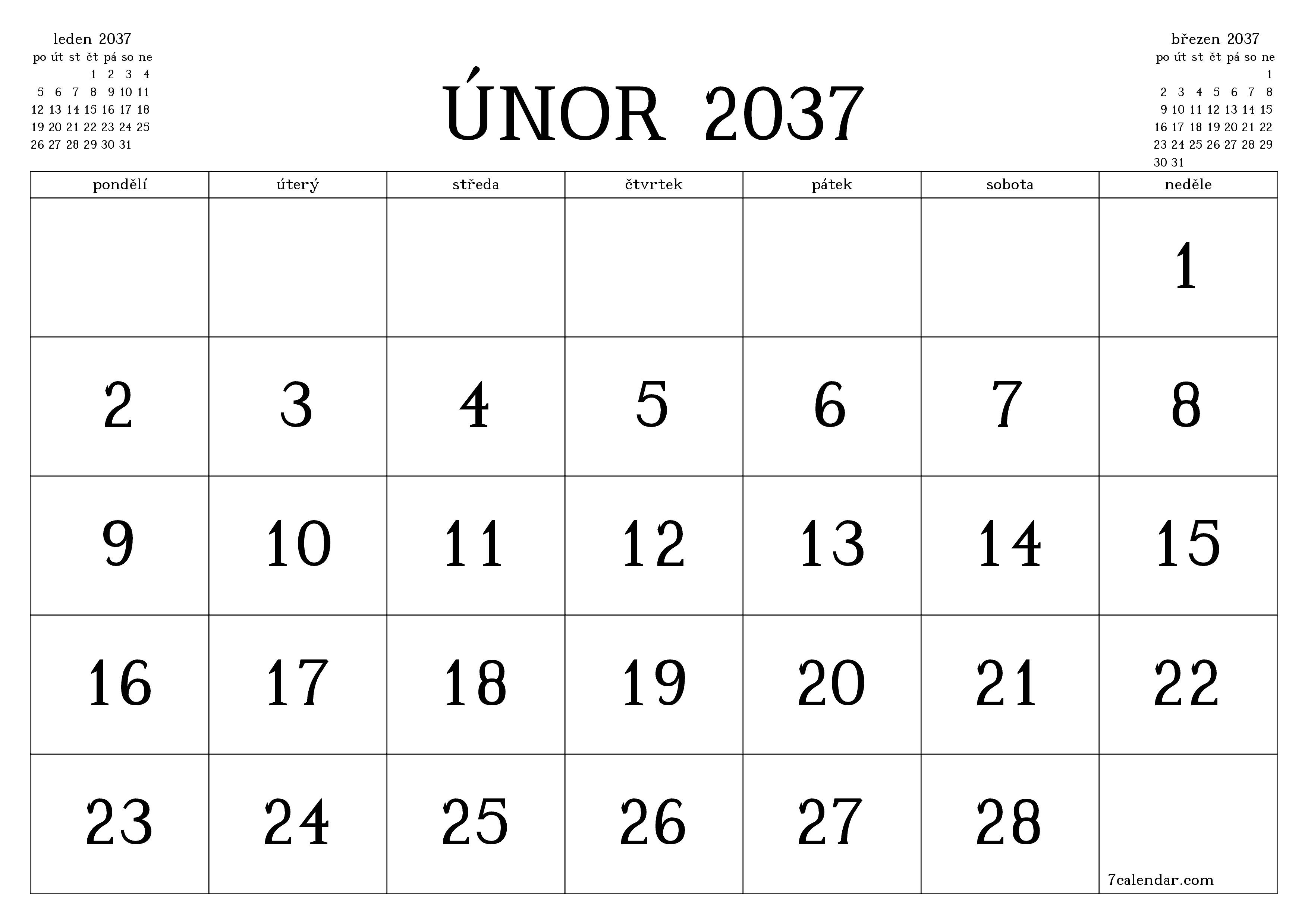 Vyprázdnit měsíční plánovač na měsíc únor 2037 s poznámkami, uložit a vytisknout do PDF PNG Czech