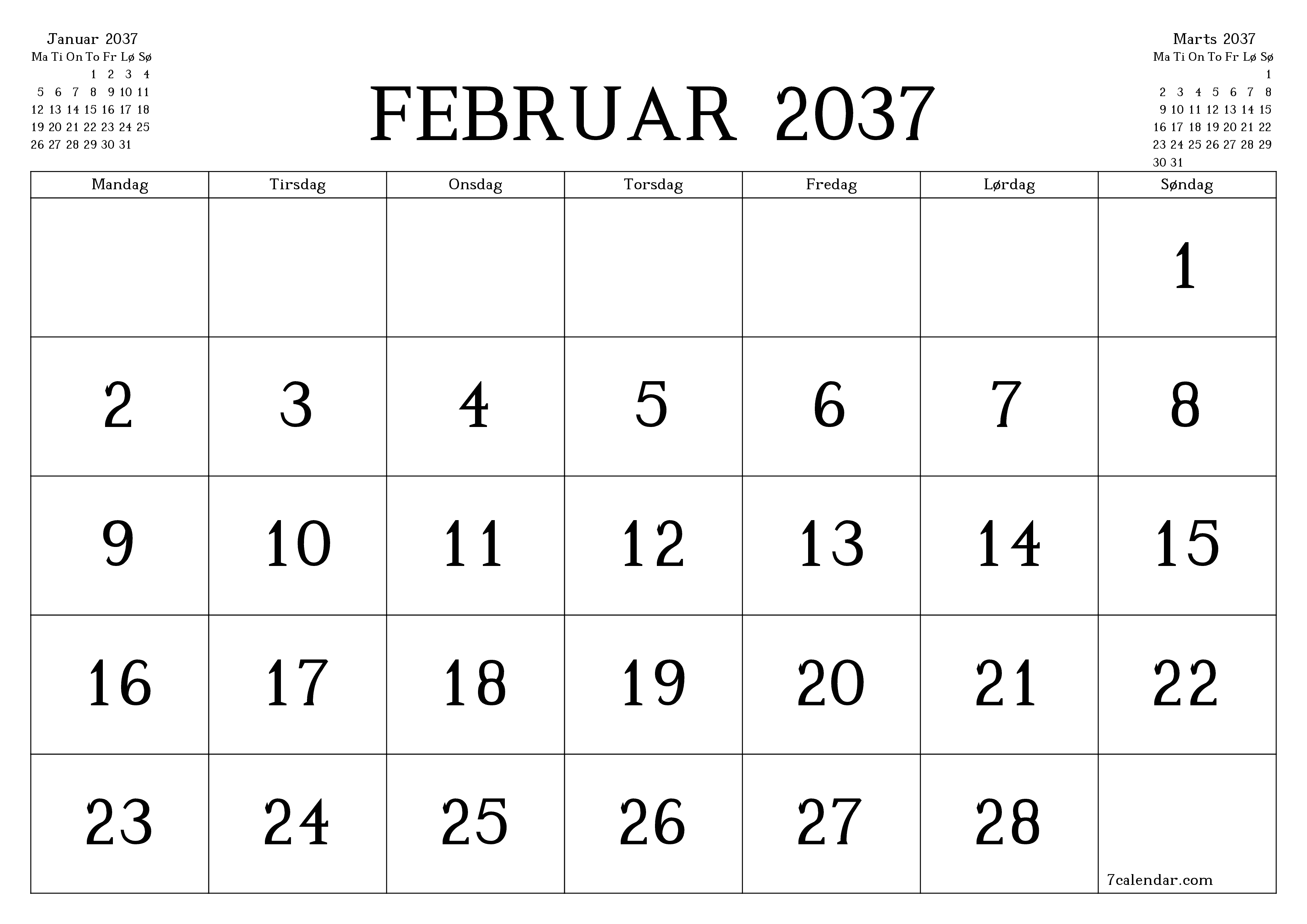 Tom månedlig planlægning for måned Februar 2037 med noter, gem og udskriv til PDF PNG Danish
