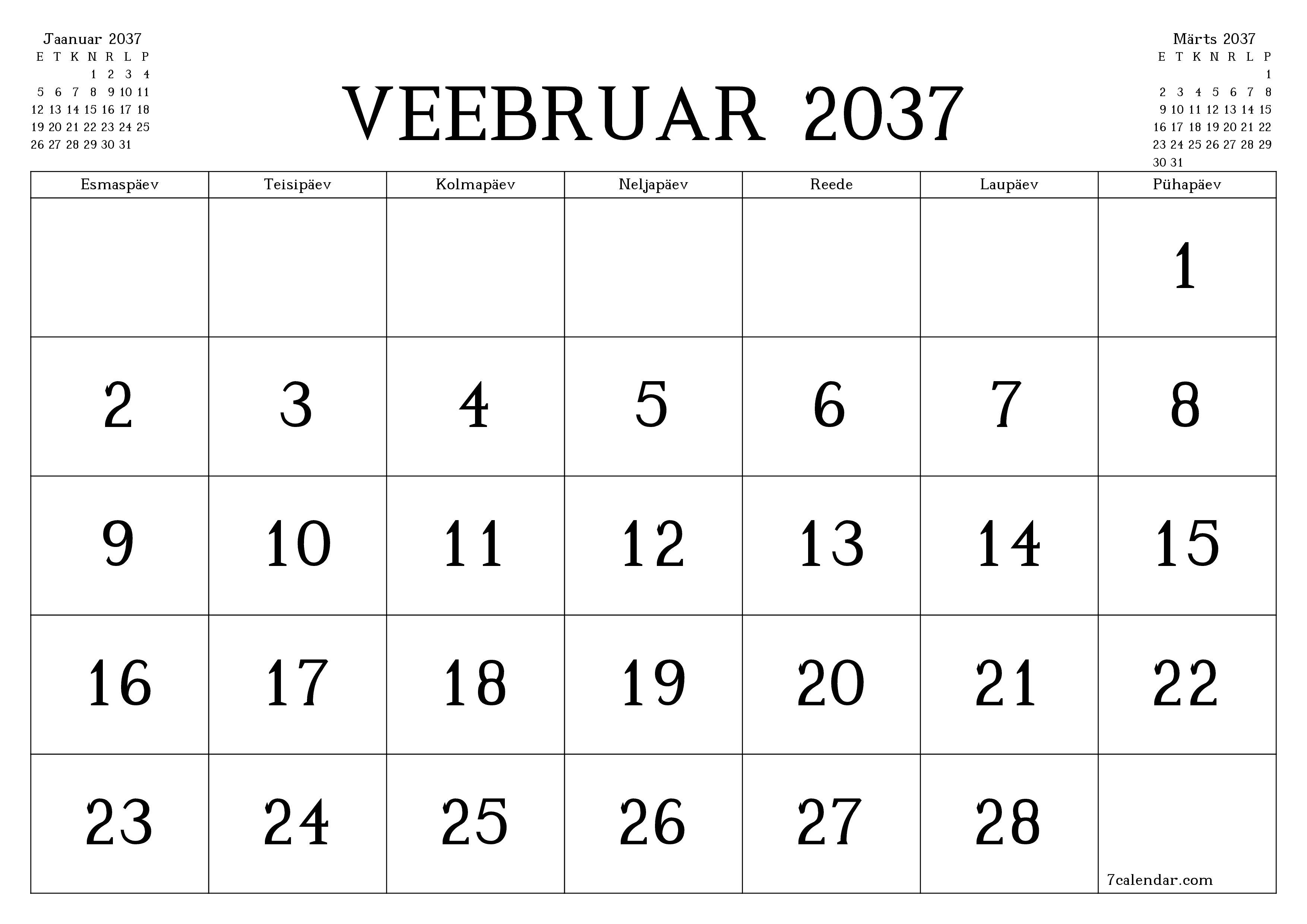Tühjendage kuu Veebruar 2037 kuuplaneerija märkmetega, salvestage ja printige PDF-i PNG Estonian