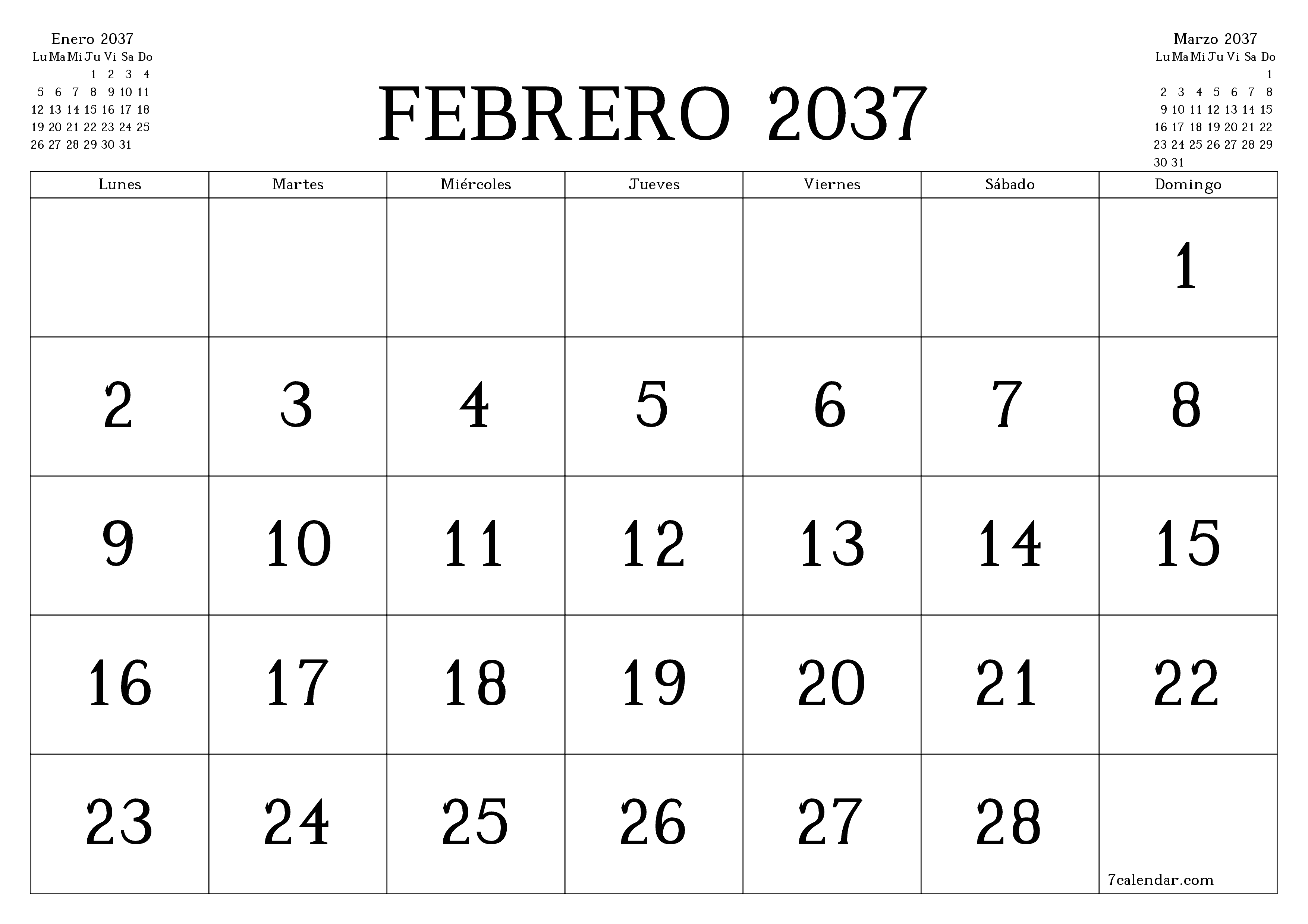 Planificador mensual vacío para el mes Febrero 2037 con notas, guardar e imprimir en PDF PNG Spanish