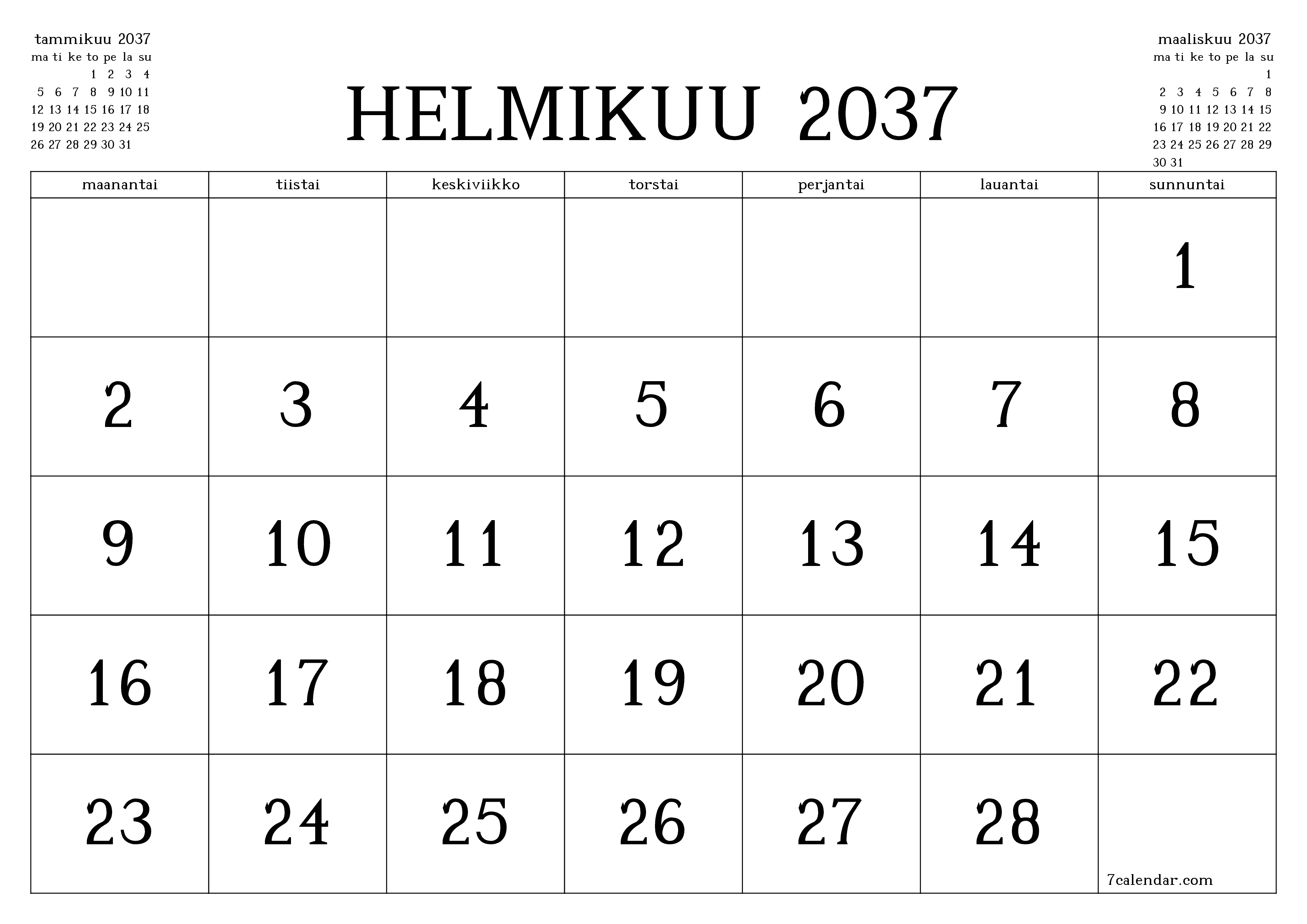 Tyhjennä kuukausittainen suunnittelija kuukaudelle Helmikuu 2037 muistiinpanoilla, tallenna ja tulosta PDF-muotoon PNG Finnish