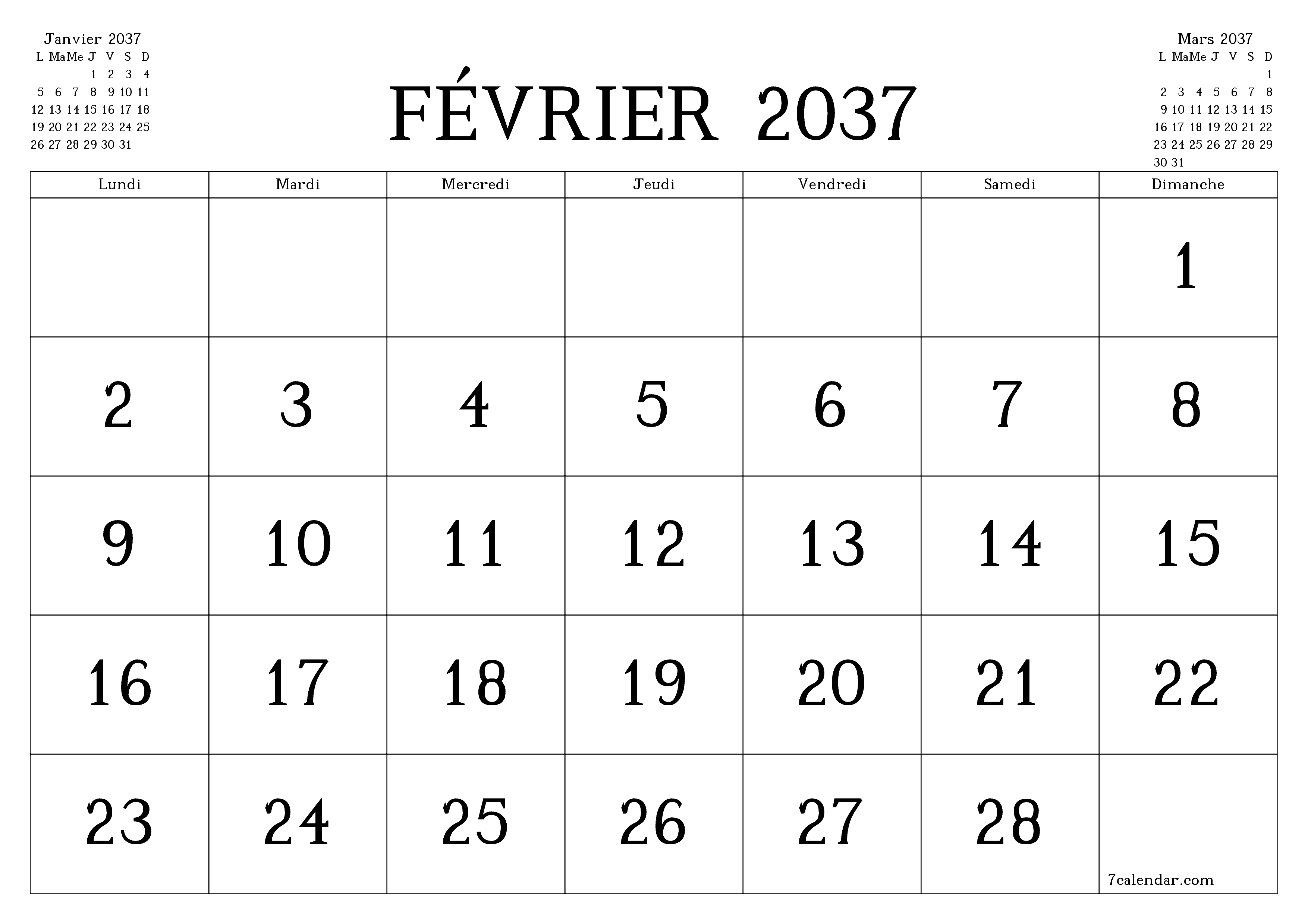 Agenda mensuel vide pour le mois Février 2037 avec notes, enregistrez et imprimez au format PDF PNG French
