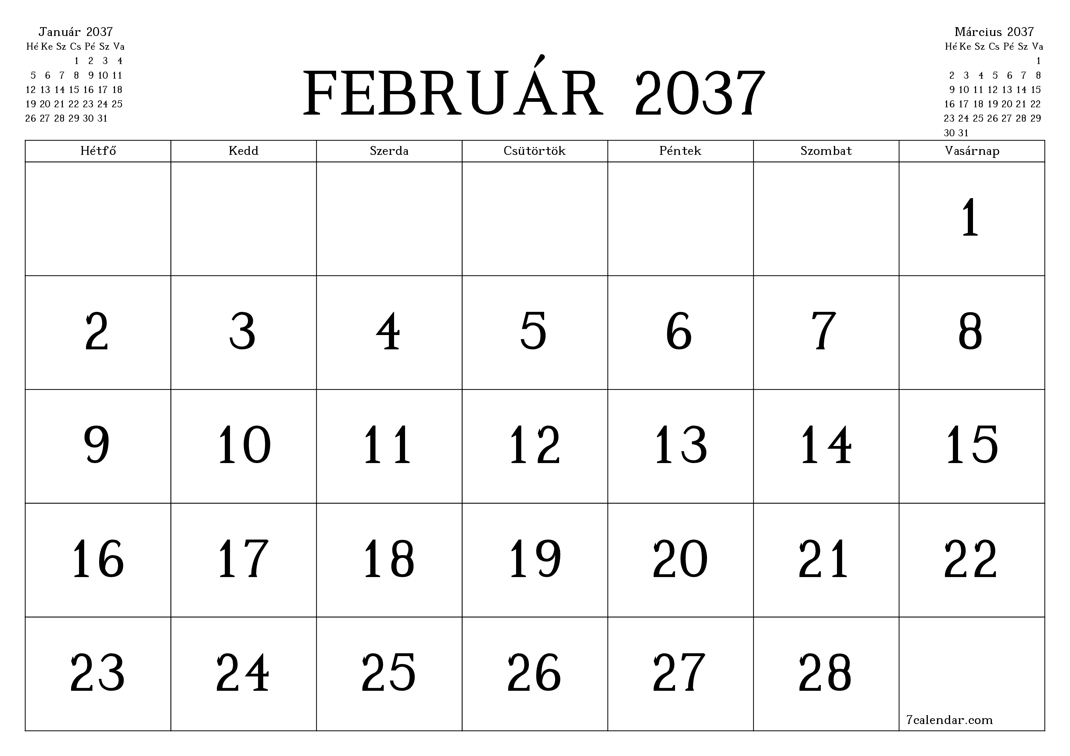 Üres havi tervező a Február 2037 hónapra jegyzetekkel, mentés és nyomtatás PDF-be PNG Hungarian