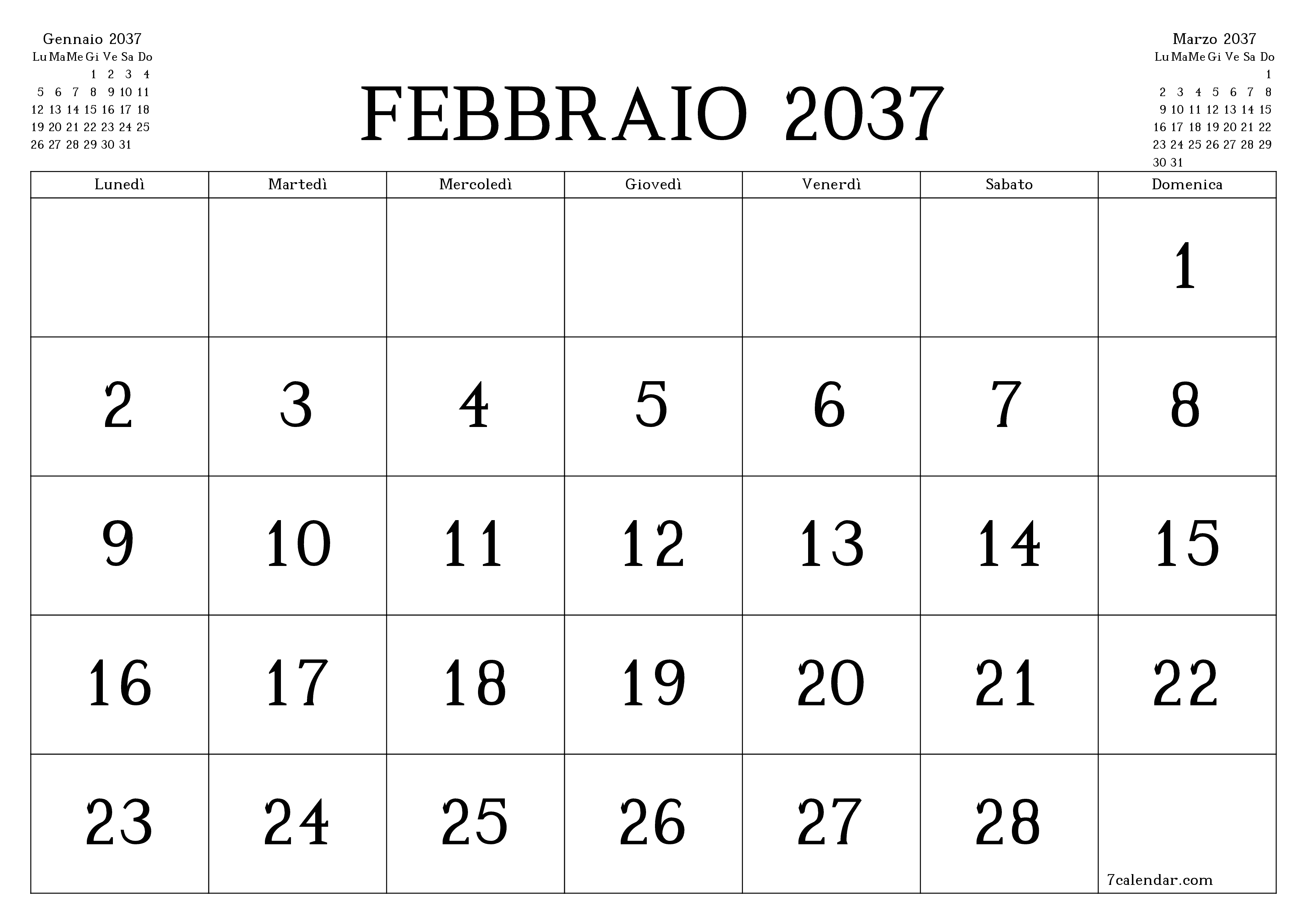 Pianificatore mensile vuoto per il mese Febbraio 2037 con note, salva e stampa in PDF PNG Italian