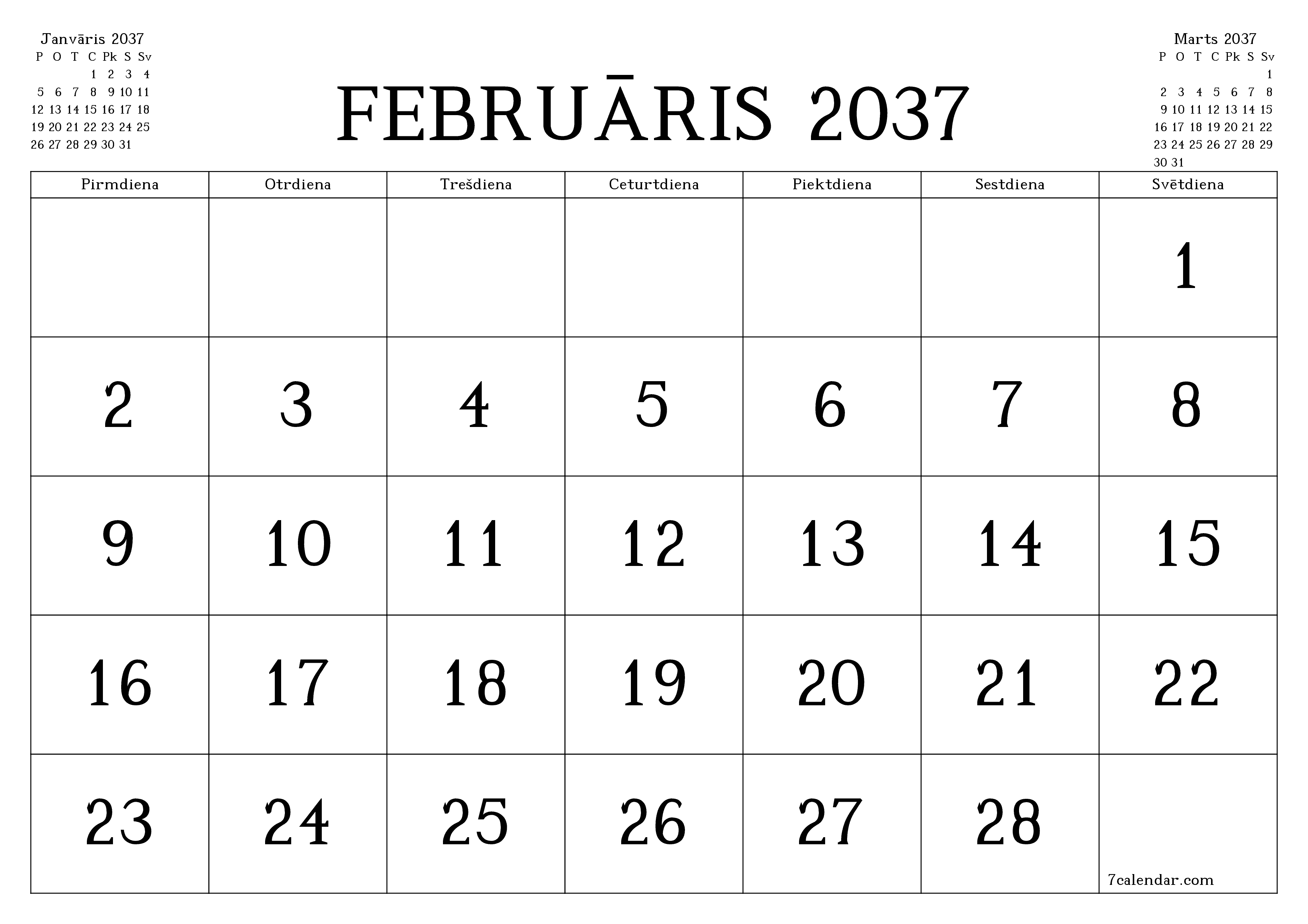 Iztukšot mēneša plānotāju mēnesim Februāris 2037 ar piezīmēm, saglabāt un izdrukāt PDF formātā PNG Latvian