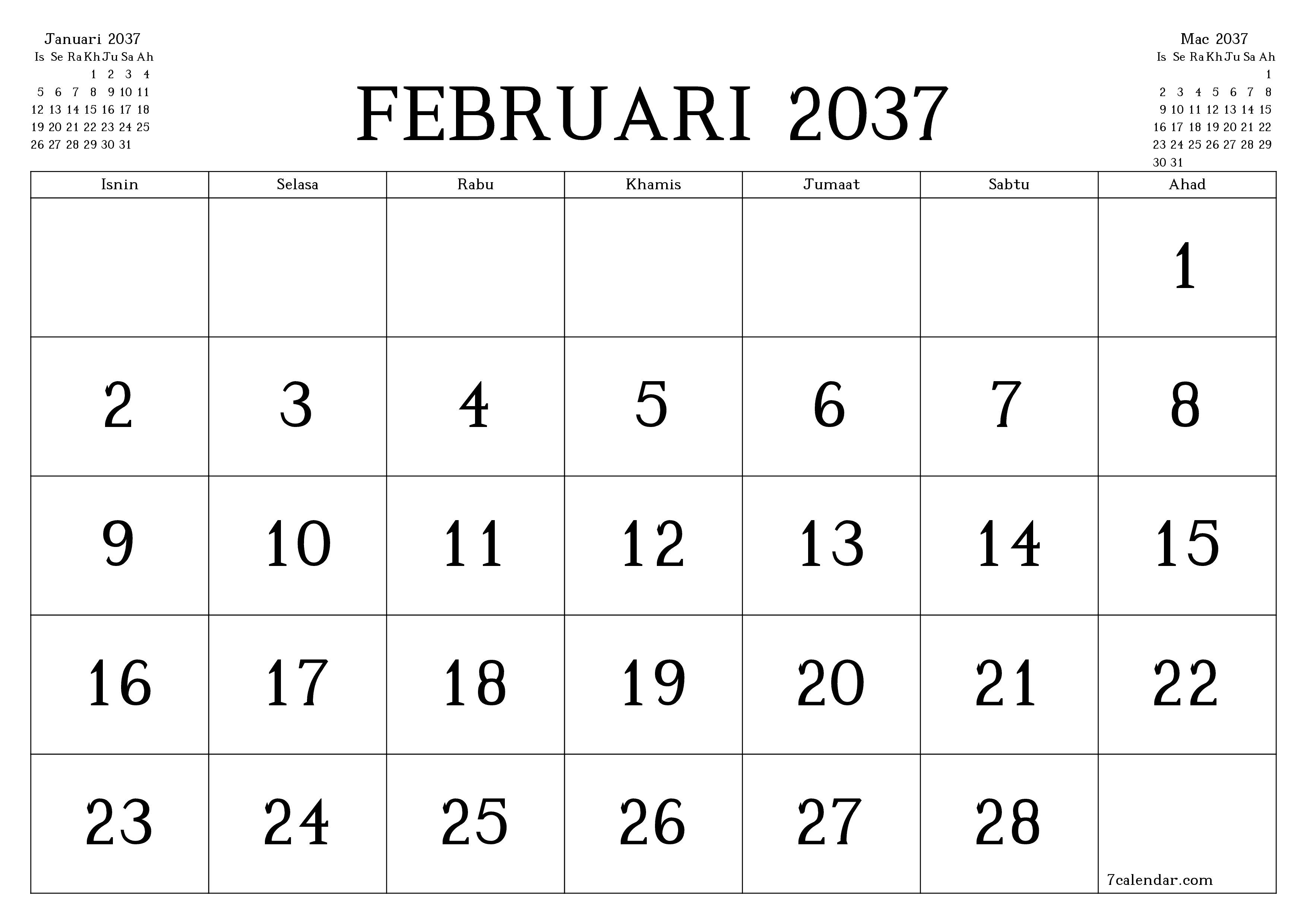 Perancang bulanan kosong untuk bulan Februari 2037 dengan nota, simpan dan cetak ke PDF PNG Malay