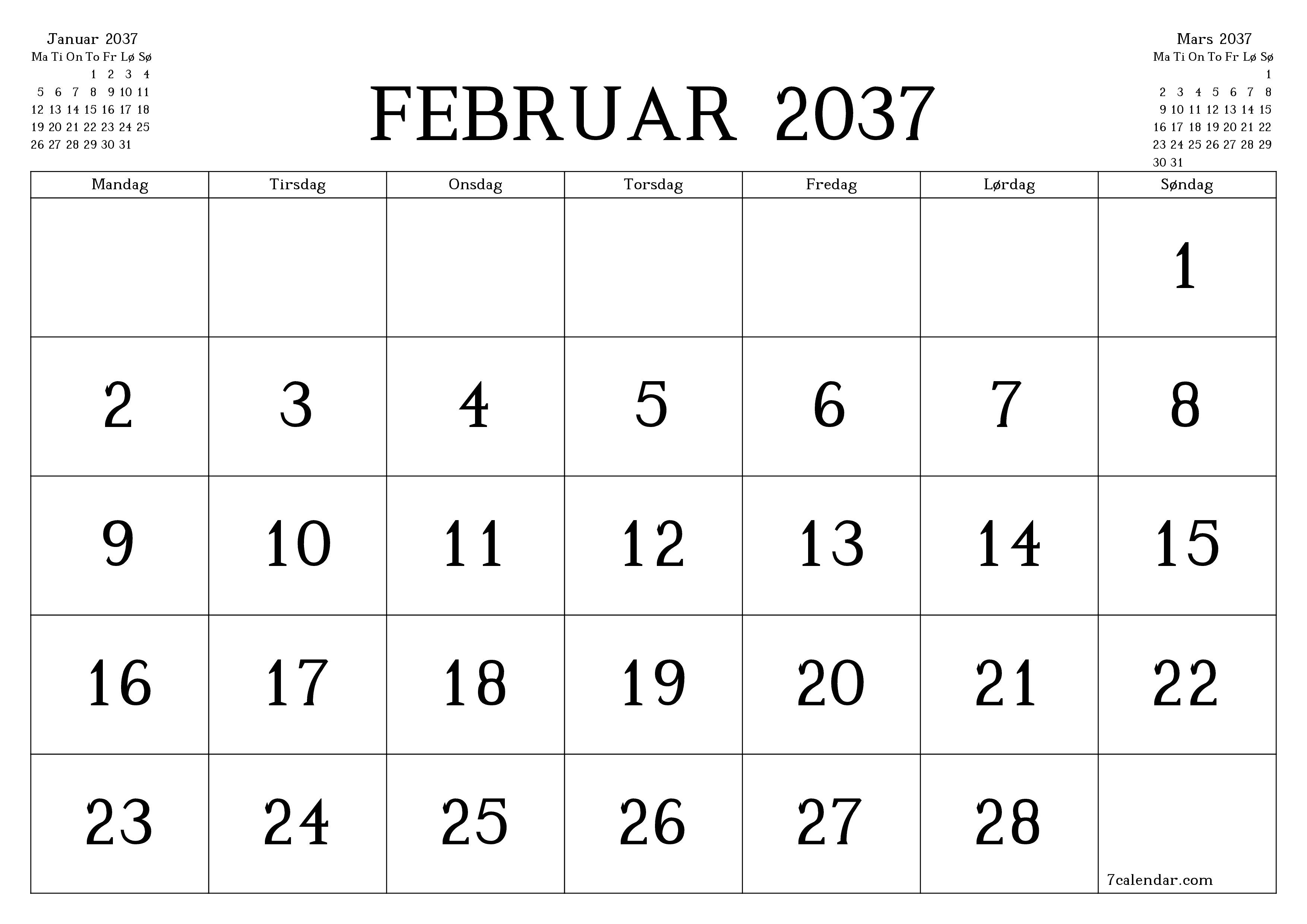 Tom månedlig planlegger for måned Februar 2037 med notater, lagre og skriv ut til PDF PNG Norwegian