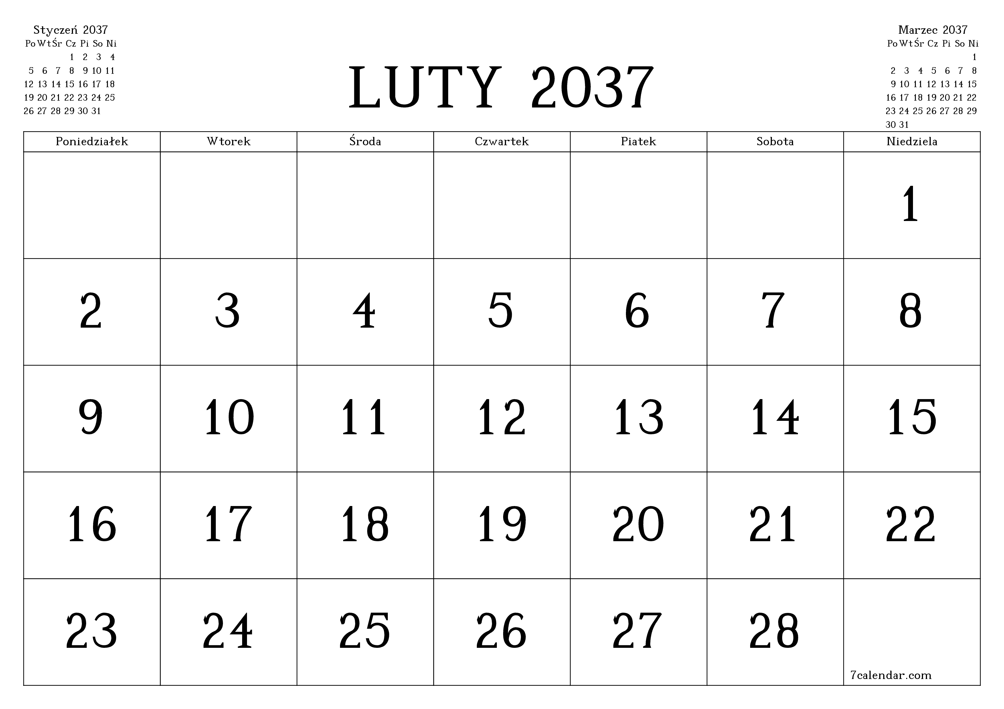 Opróżnij miesięczny planer na miesiąc Luty 2037 z notatkami, zapisz i wydrukuj w formacie PDF PNG Polish