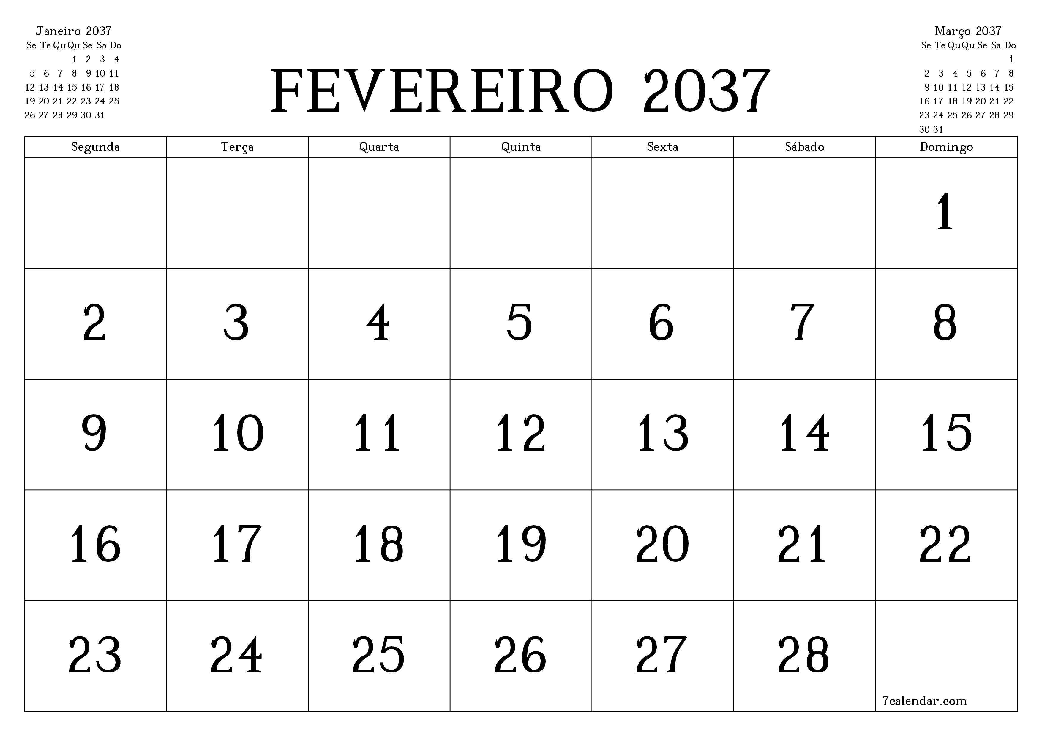 Esvazie o planejador mensal para o mês Fevereiro 2037 com notas, salve e imprima em PDF PNG Portuguese