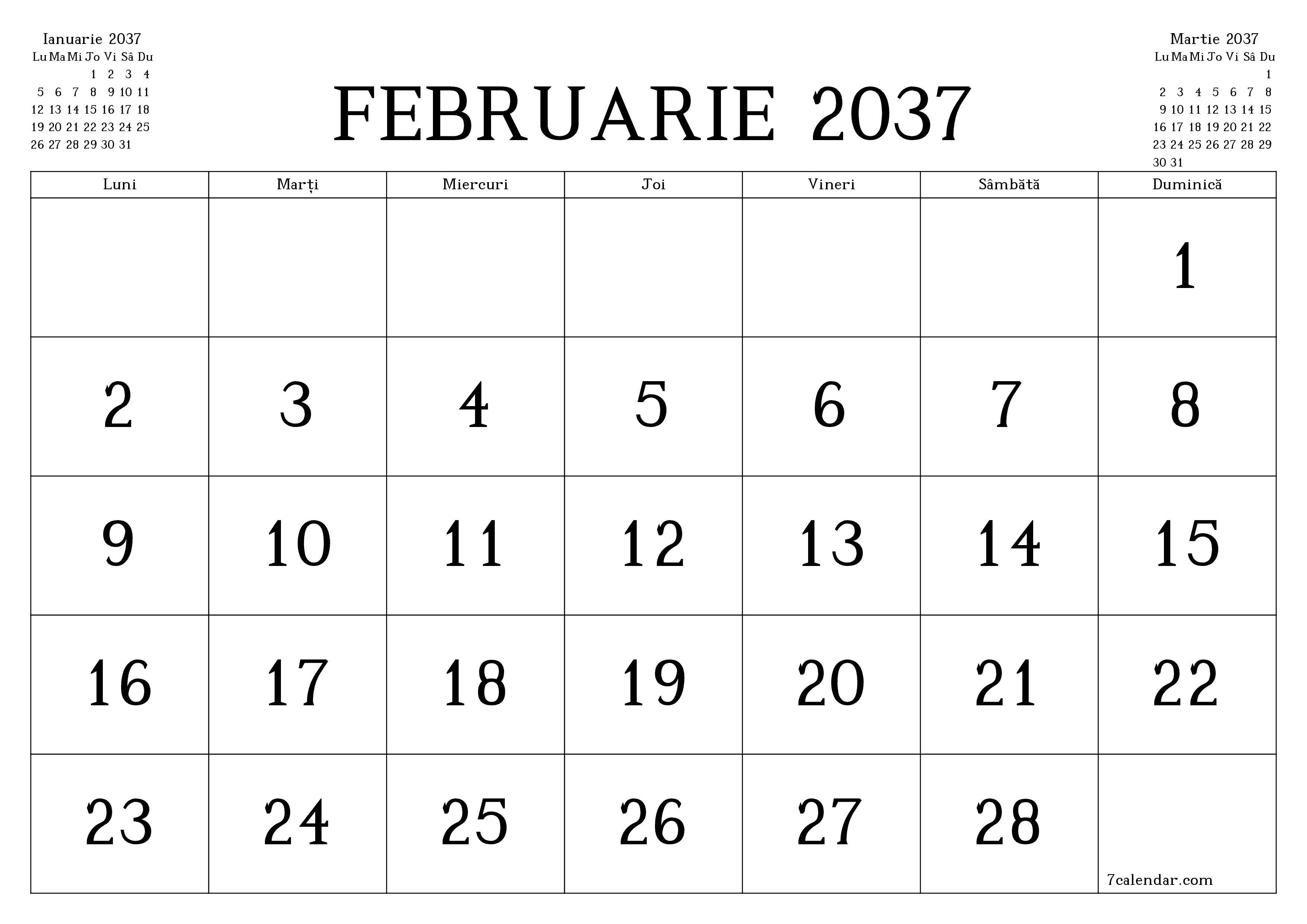 Planificator lunar gol pentru luna Februarie 2037 cu note, salvați și tipăriți în PDF PNG Romanian