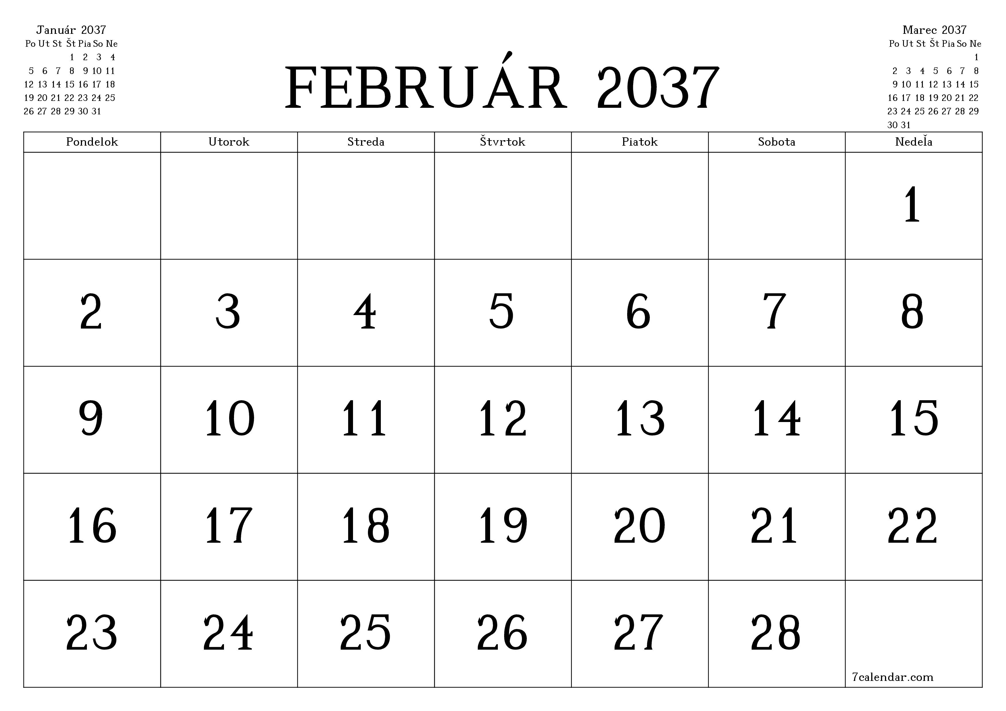 Prázdny mesačný plánovač na mesiac Február 2037 s poznámkami, uloženie a tlač do PDF PNG Slovak