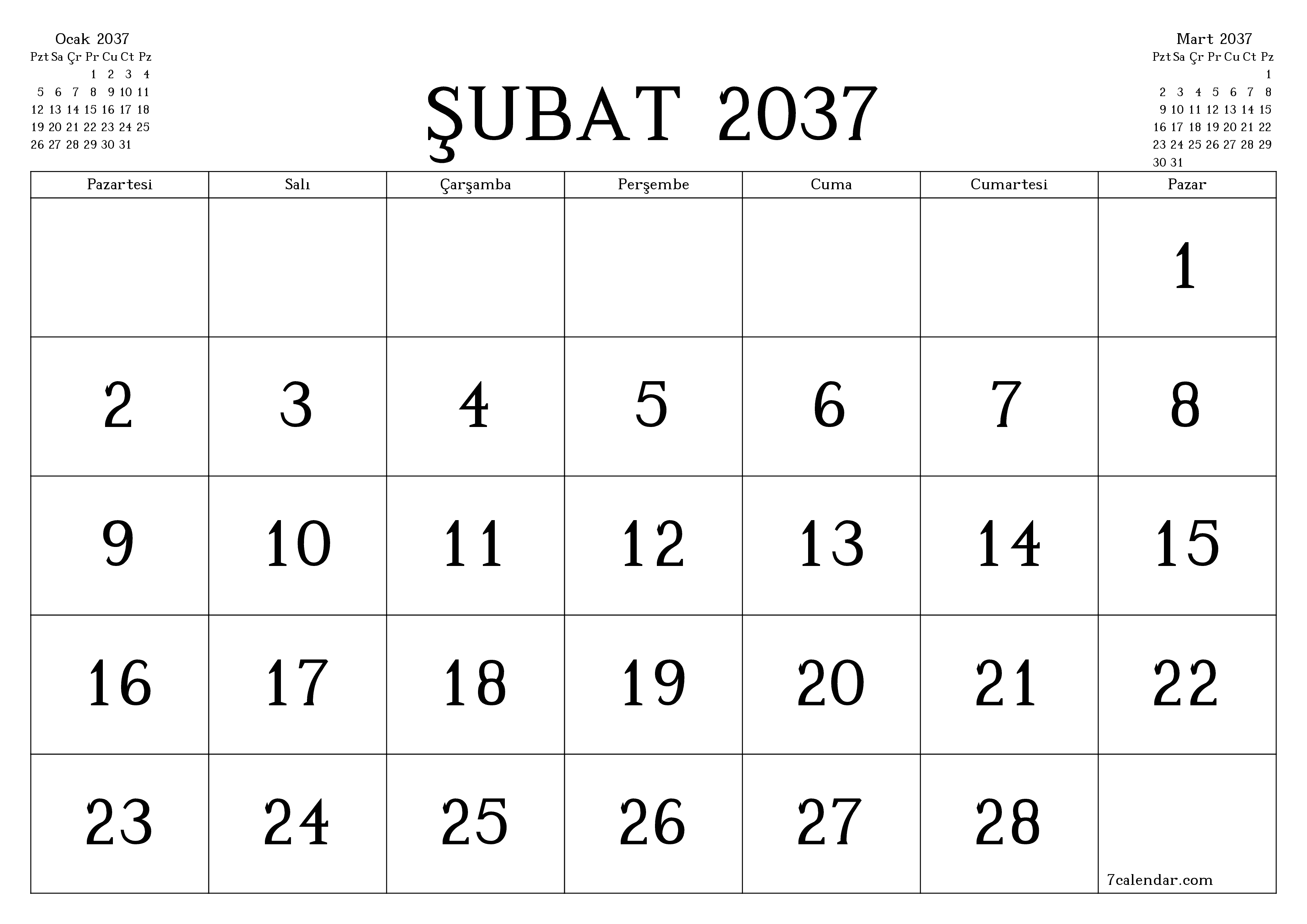 Şubat 2037 ayı için notlarla birlikte boş aylık planlayıcı, kaydedin ve PDF'ye yazdırın PNG Turkish