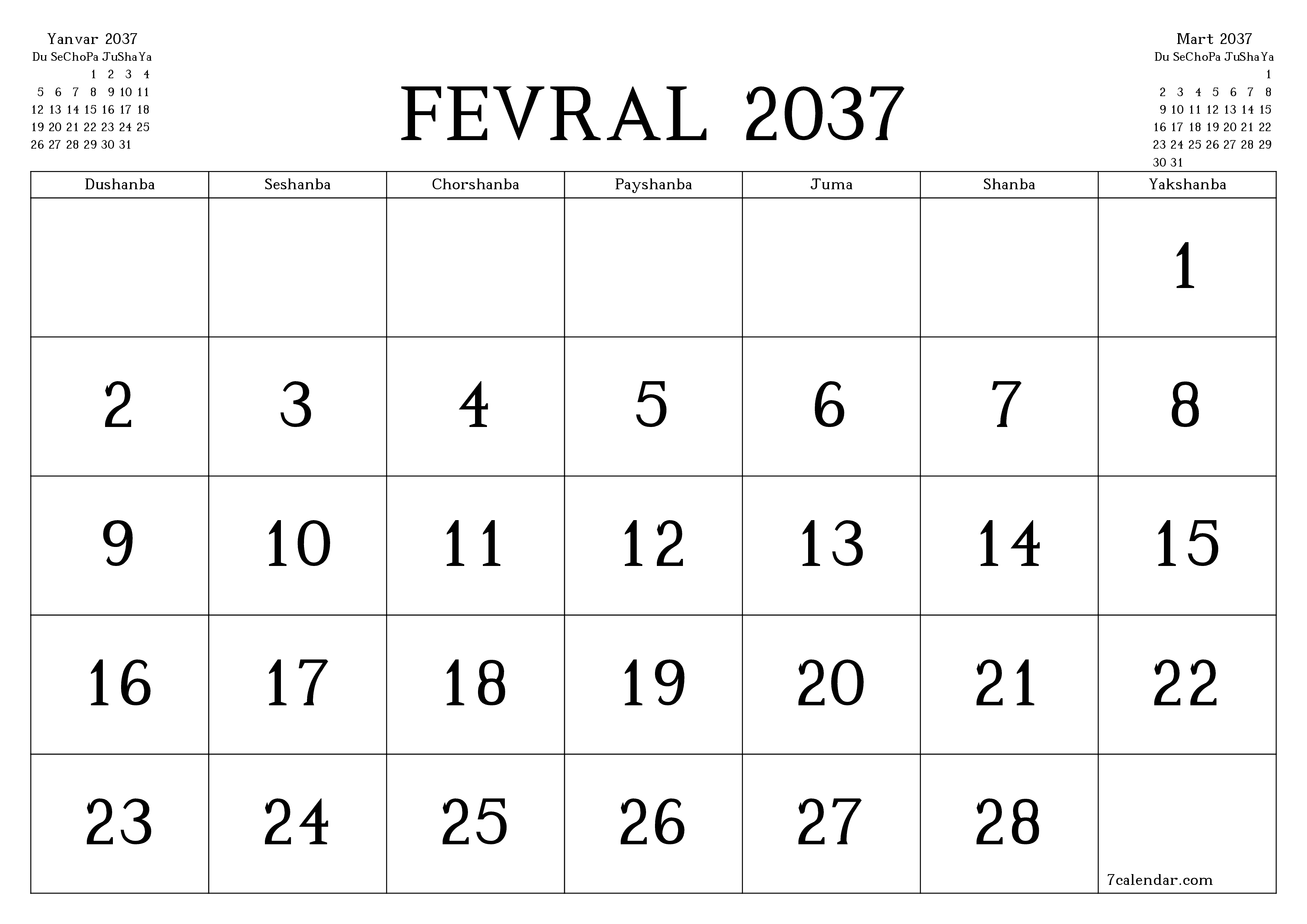 Fevral 2037 oylik oylik rejalashtiruvchini yozuvlar bilan bo'shatish, saqlash va PDF-ga chop etish PNG Uzbek