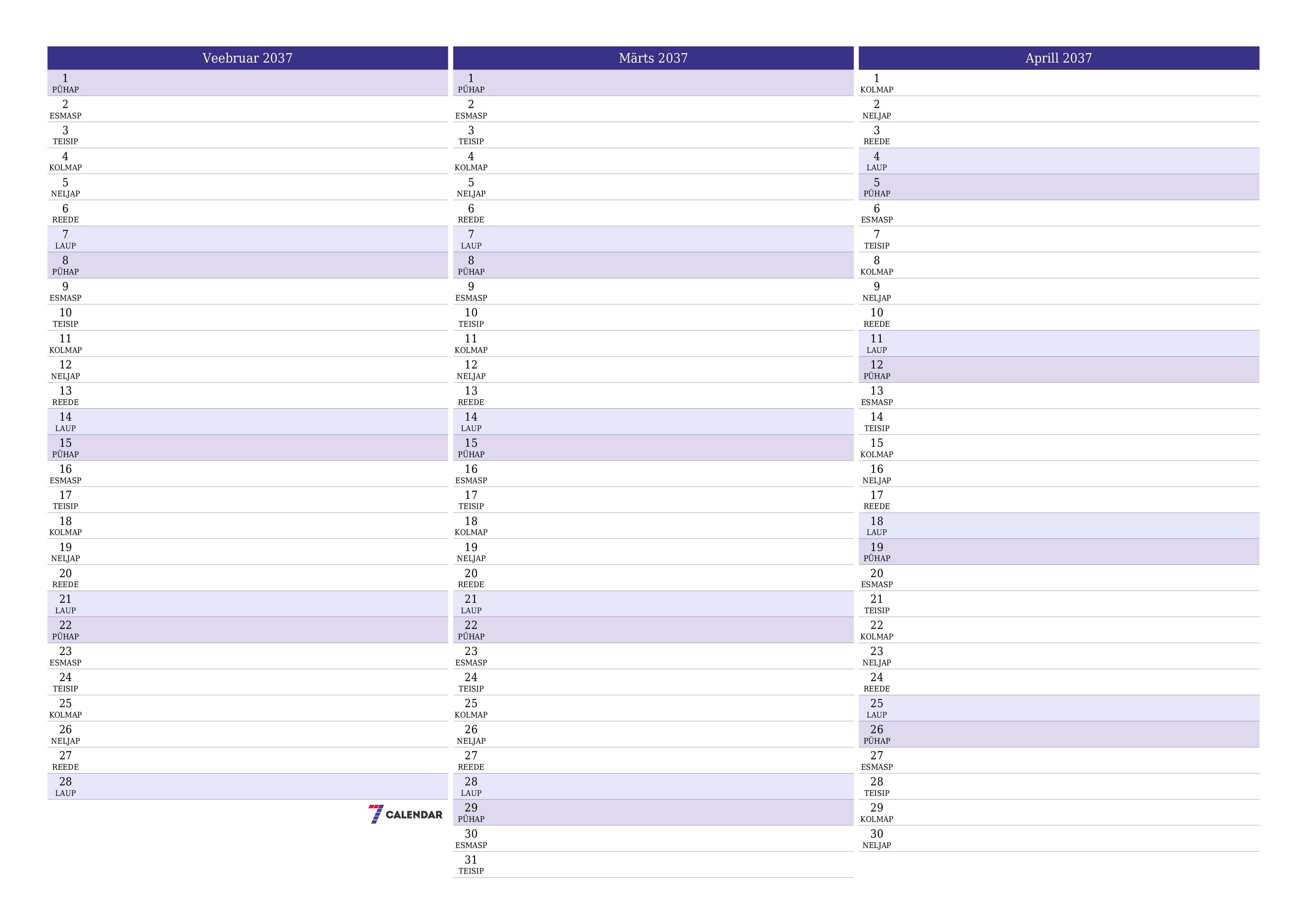 Tühjendage kuu Veebruar 2037 kuuplaneerija märkmetega, salvestage ja printige PDF-i PNG Estonian