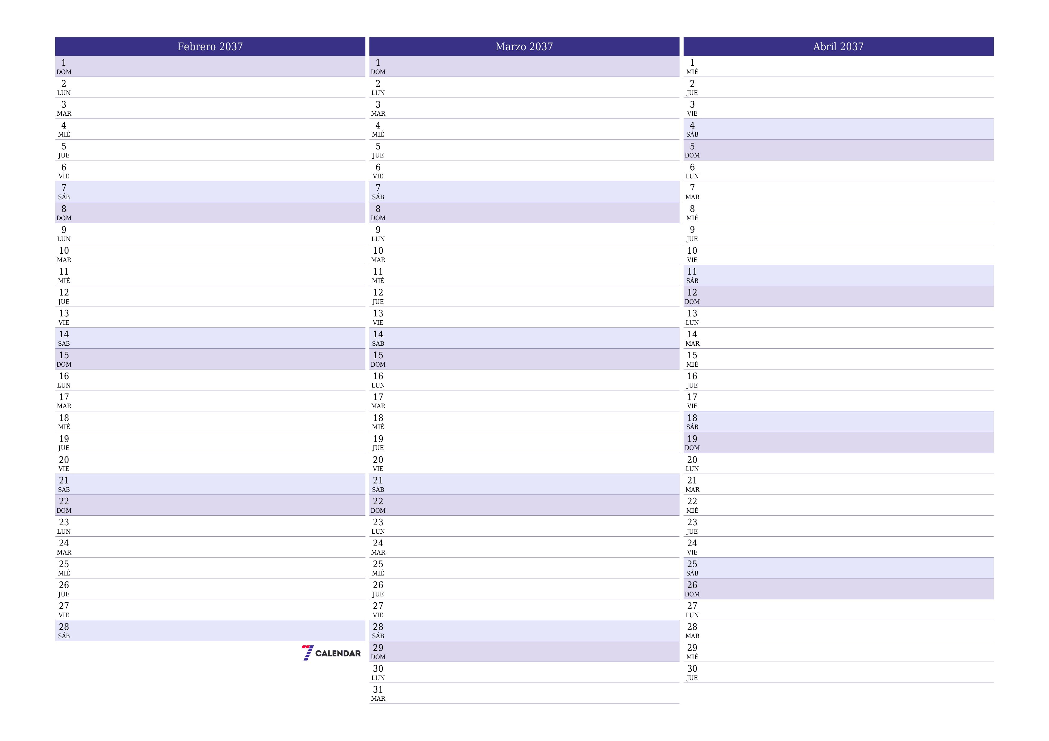 Planificador mensual vacío para el mes Febrero 2037 con notas, guardar e imprimir en PDF PNG Spanish