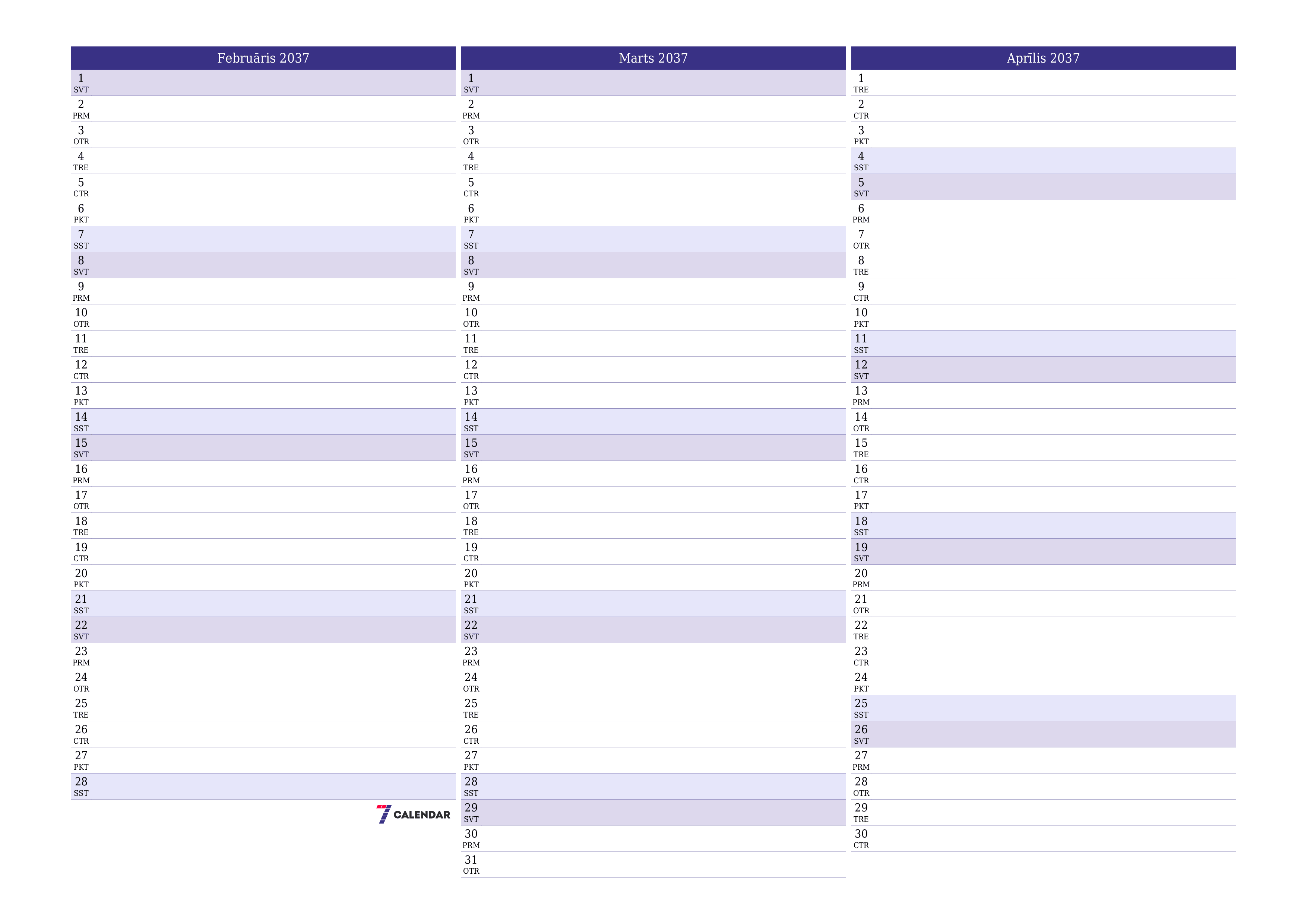 Iztukšot mēneša plānotāju mēnesim Februāris 2037 ar piezīmēm, saglabāt un izdrukāt PDF formātā PNG Latvian