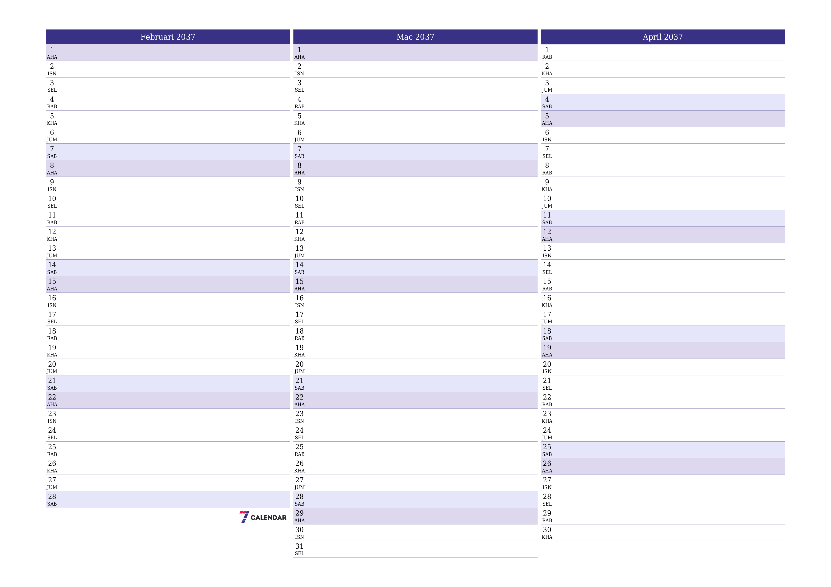 Perancang bulanan kosong untuk bulan Februari 2037 dengan nota, simpan dan cetak ke PDF PNG Malay
