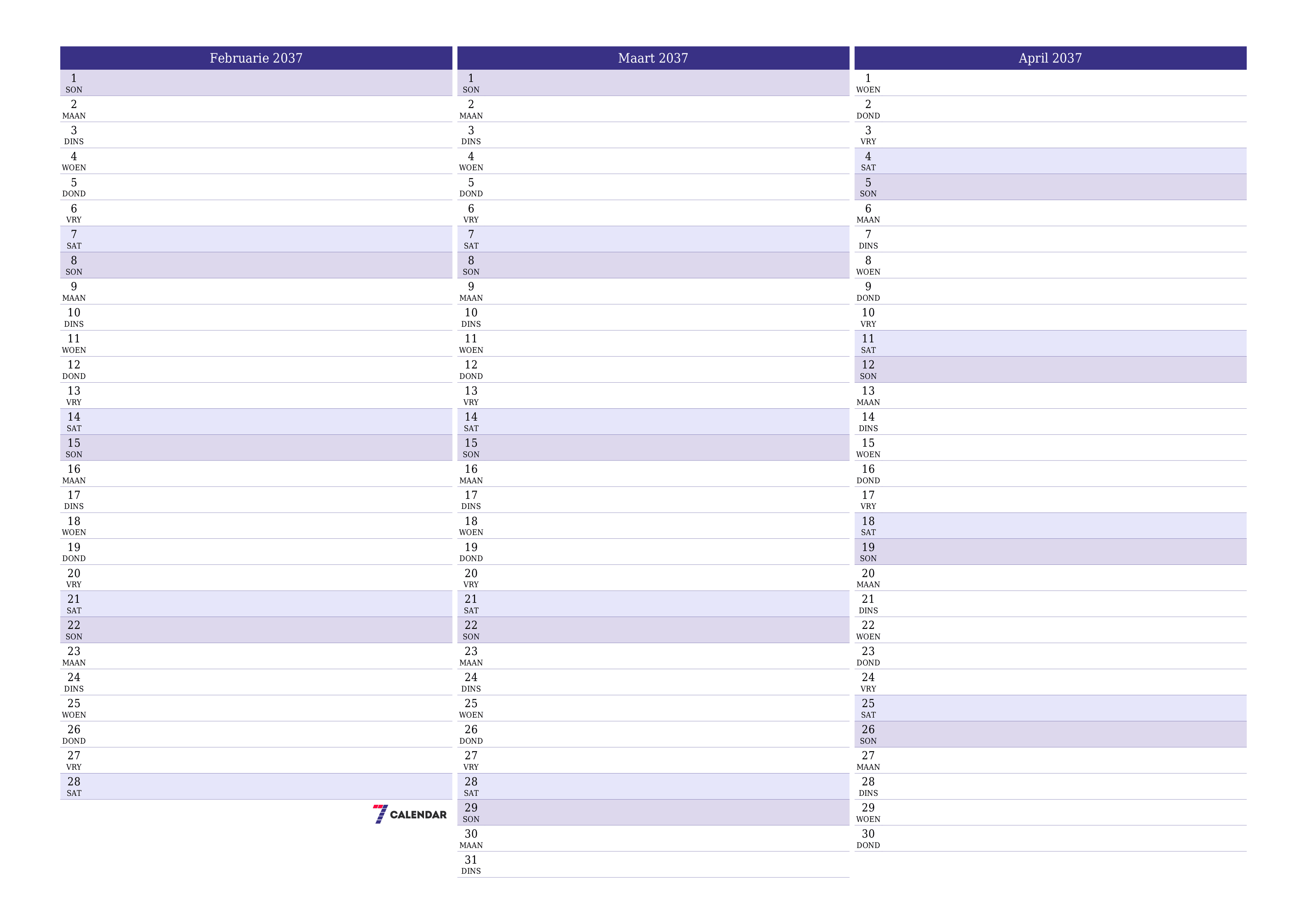 Leë maandelikse drukbare kalender en beplanner vir maand Februarie 2037 met notas stoor en druk na PDF PNG Afrikaans