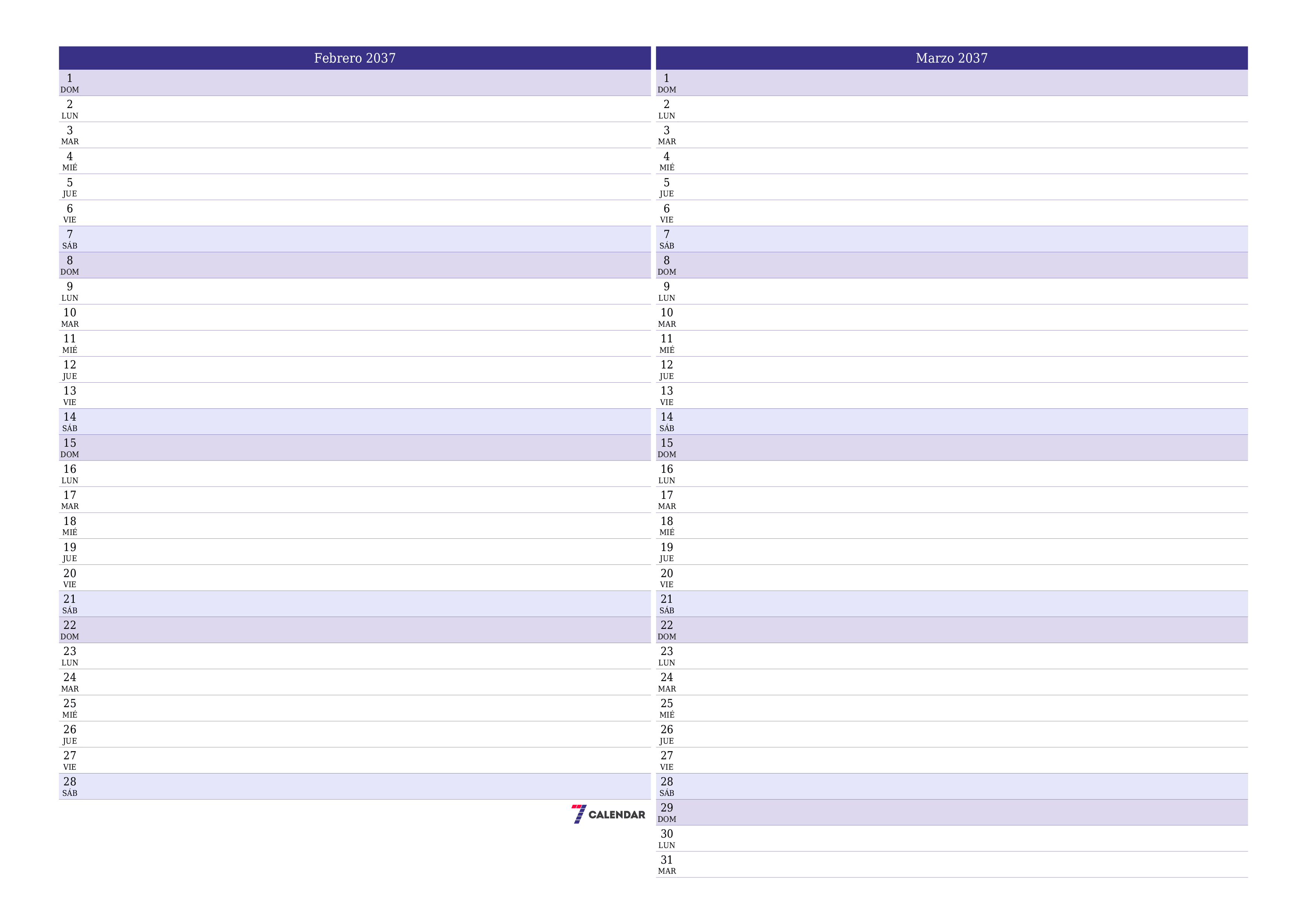 Planificador mensual vacío para el mes Febrero 2037 con notas, guardar e imprimir en PDF PNG Spanish