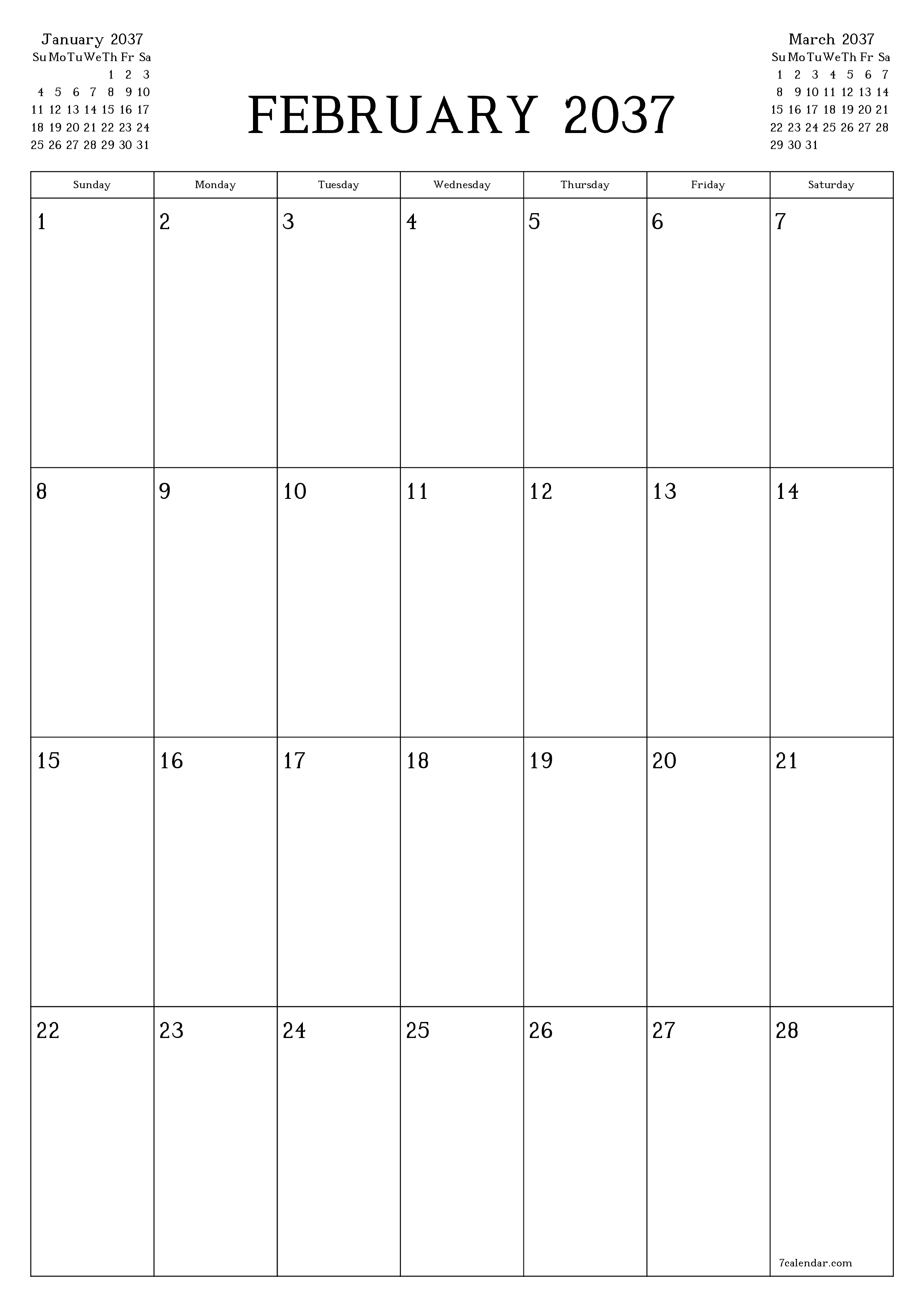 Blank calendar February 2037