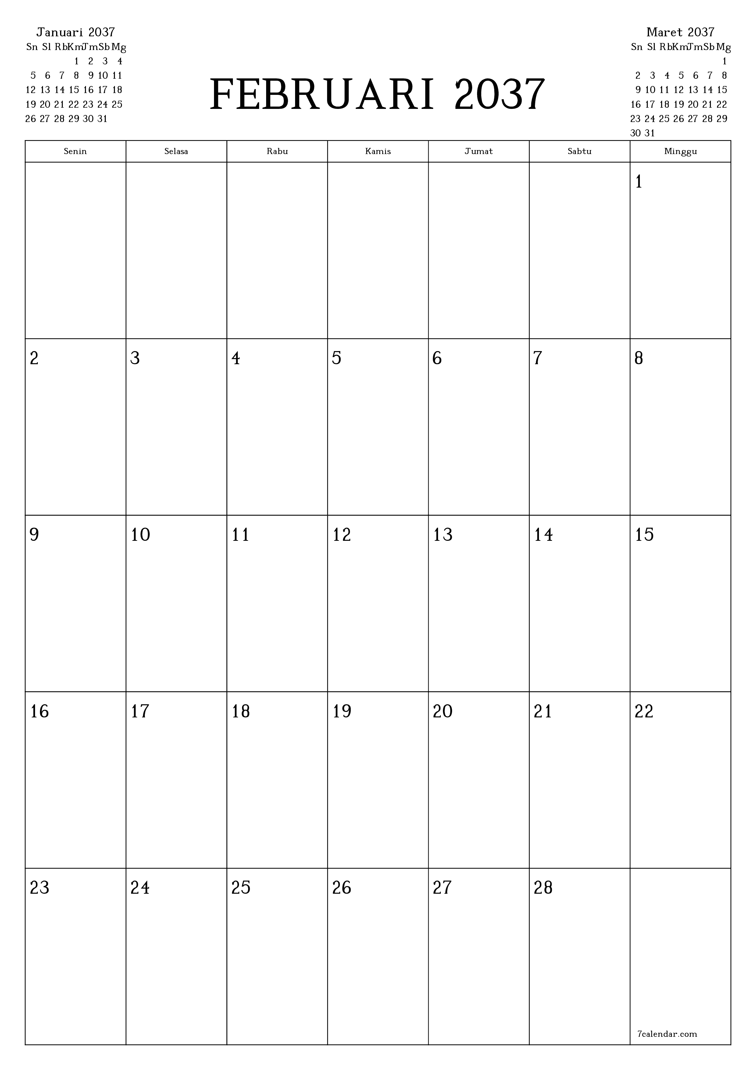 Kosongkan agenda bulanan untuk bulan Februari 2037 dengan catatan, simpan dan cetak ke PDF PNG Indonesian