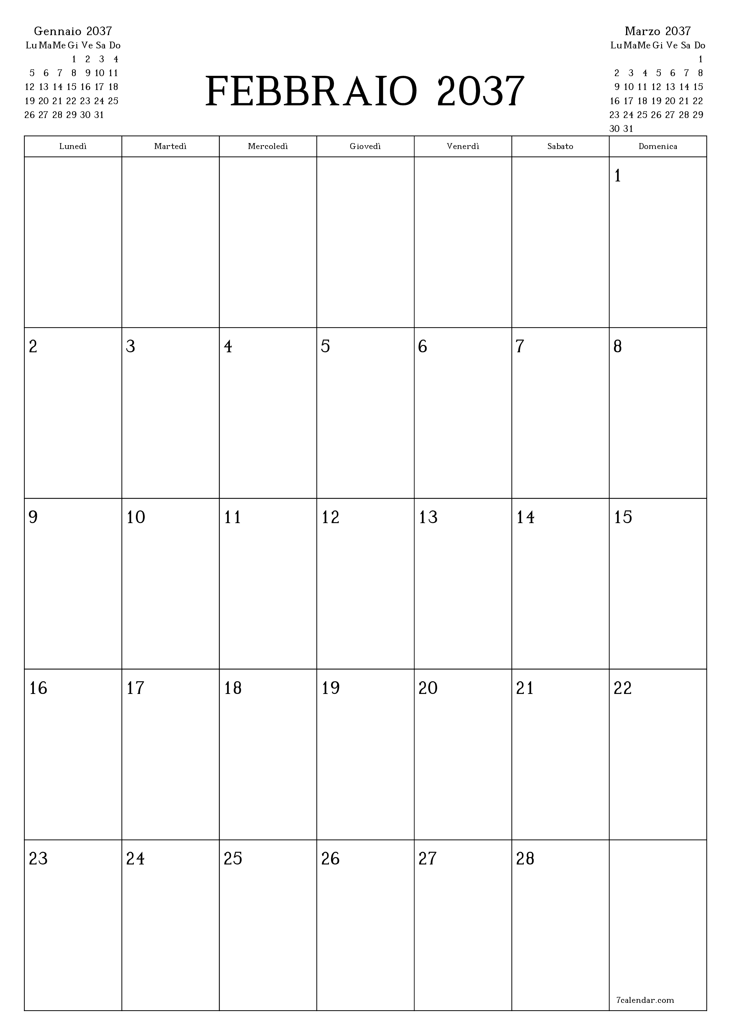Pianificatore mensile vuoto per il mese Febbraio 2037 con note, salva e stampa in PDF PNG Italian
