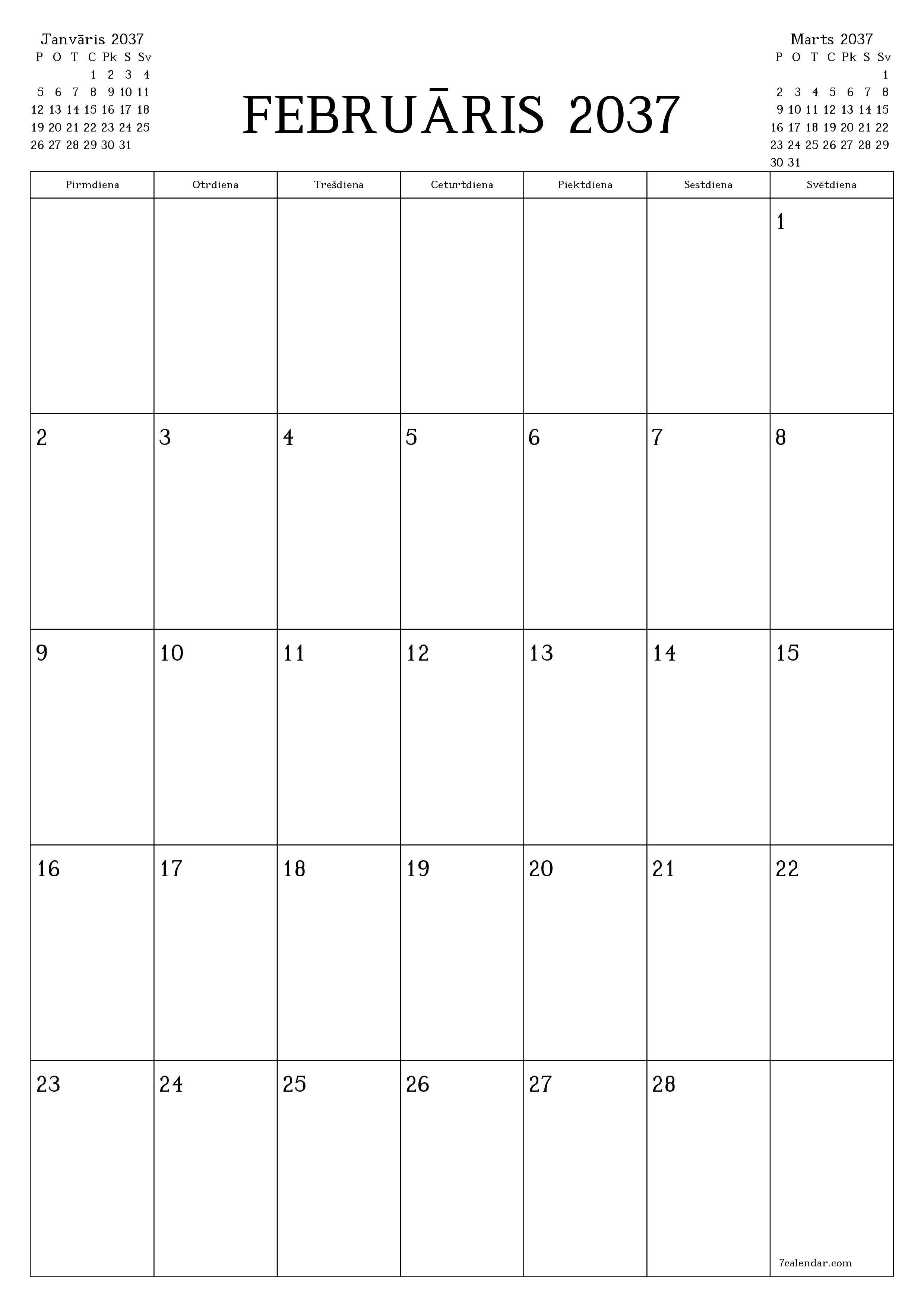 izdrukājams sienas kalendāra veidne bezmaksas vertikāli Mēneša plānotājs kalendārs Februāris (Feb) 2037