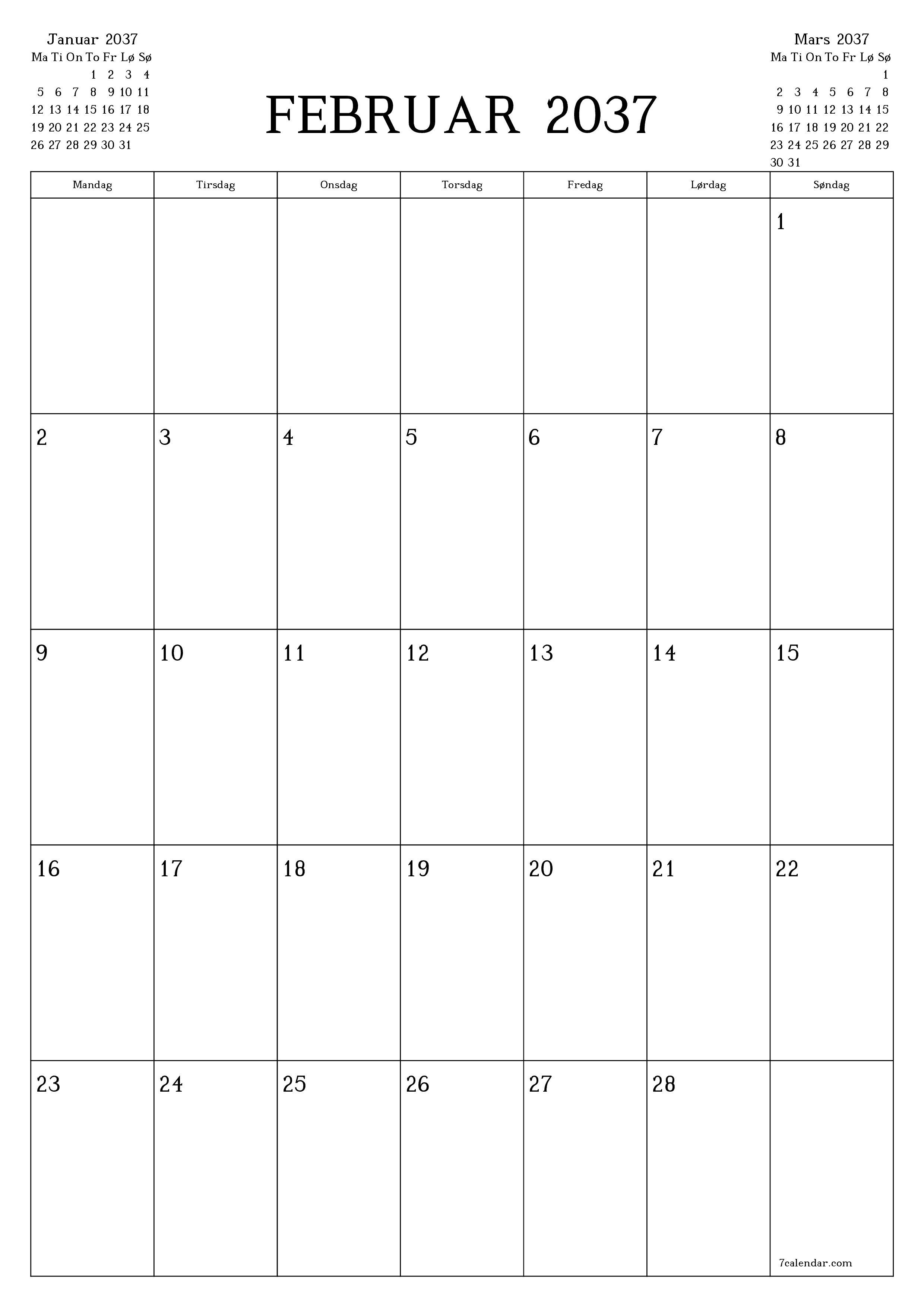 utskrivbar vegg mal gratis vertikal Månedlig planlegger kalender Februar (Feb) 2037