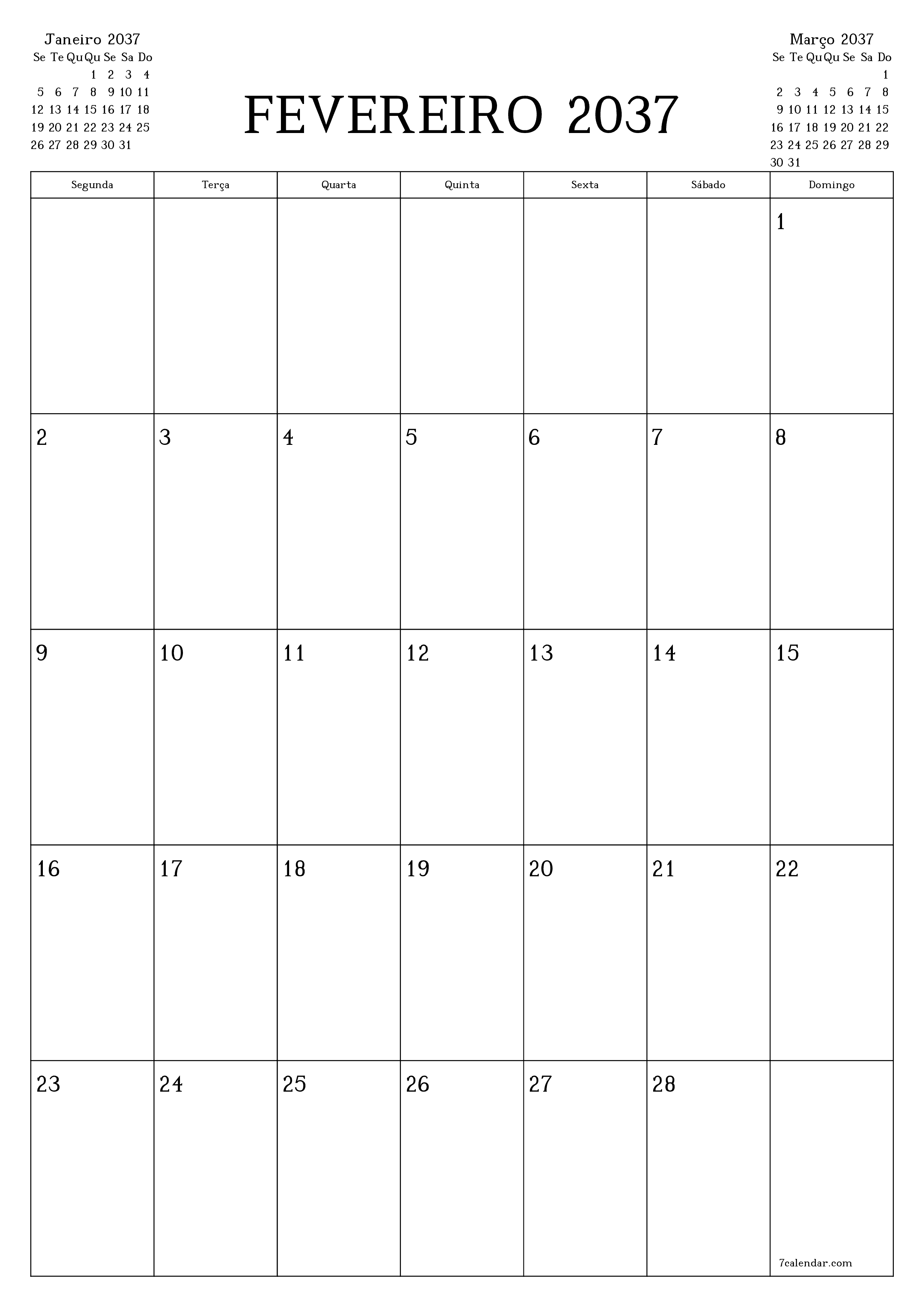  para impressão de parede modelo de grátisvertical Mensal planejador calendário Fevereiro (Fev) 2037