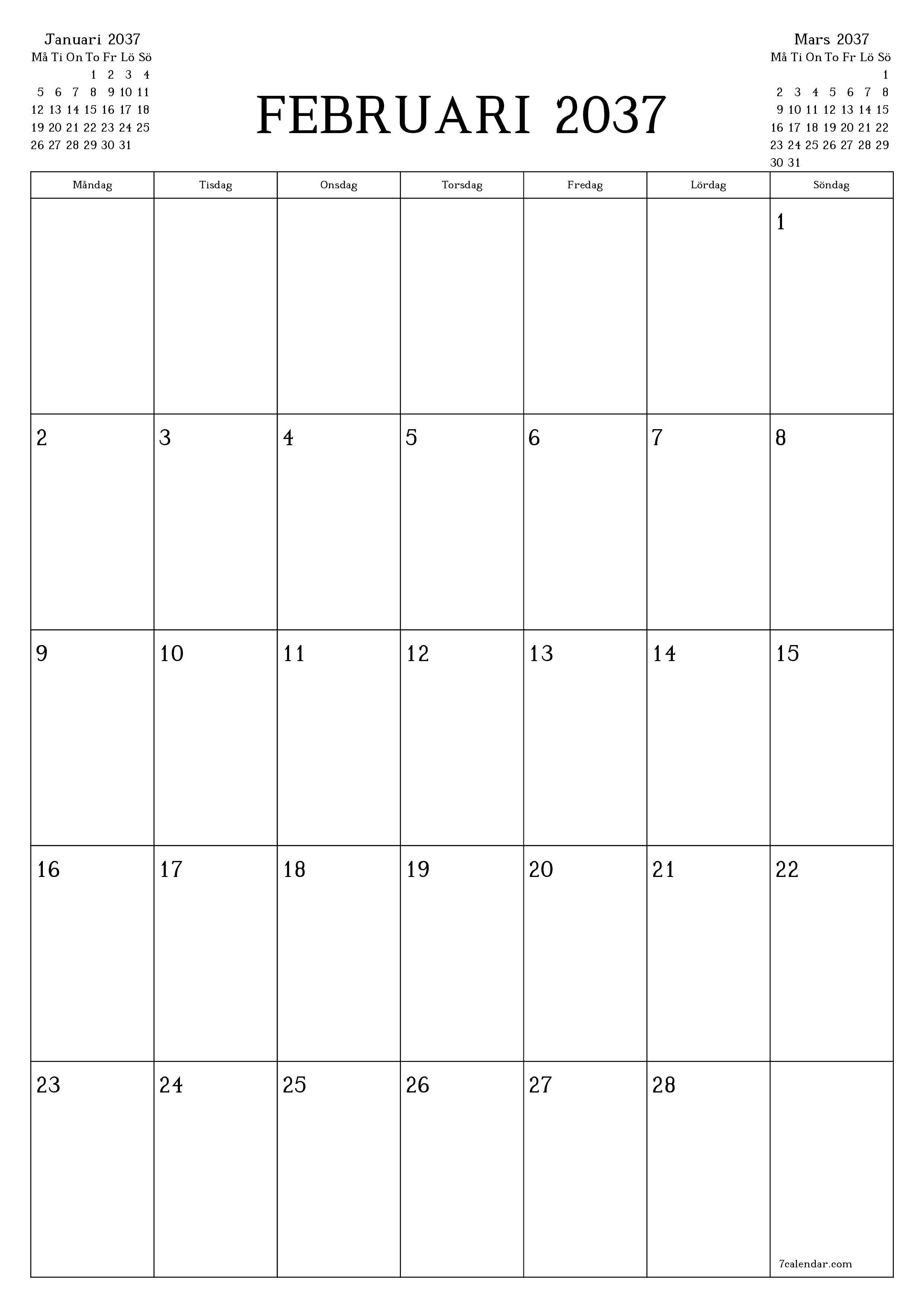 utskrivbar vägg mall gratis vertikal Månatlig planerare kalender Februari (Feb) 2037