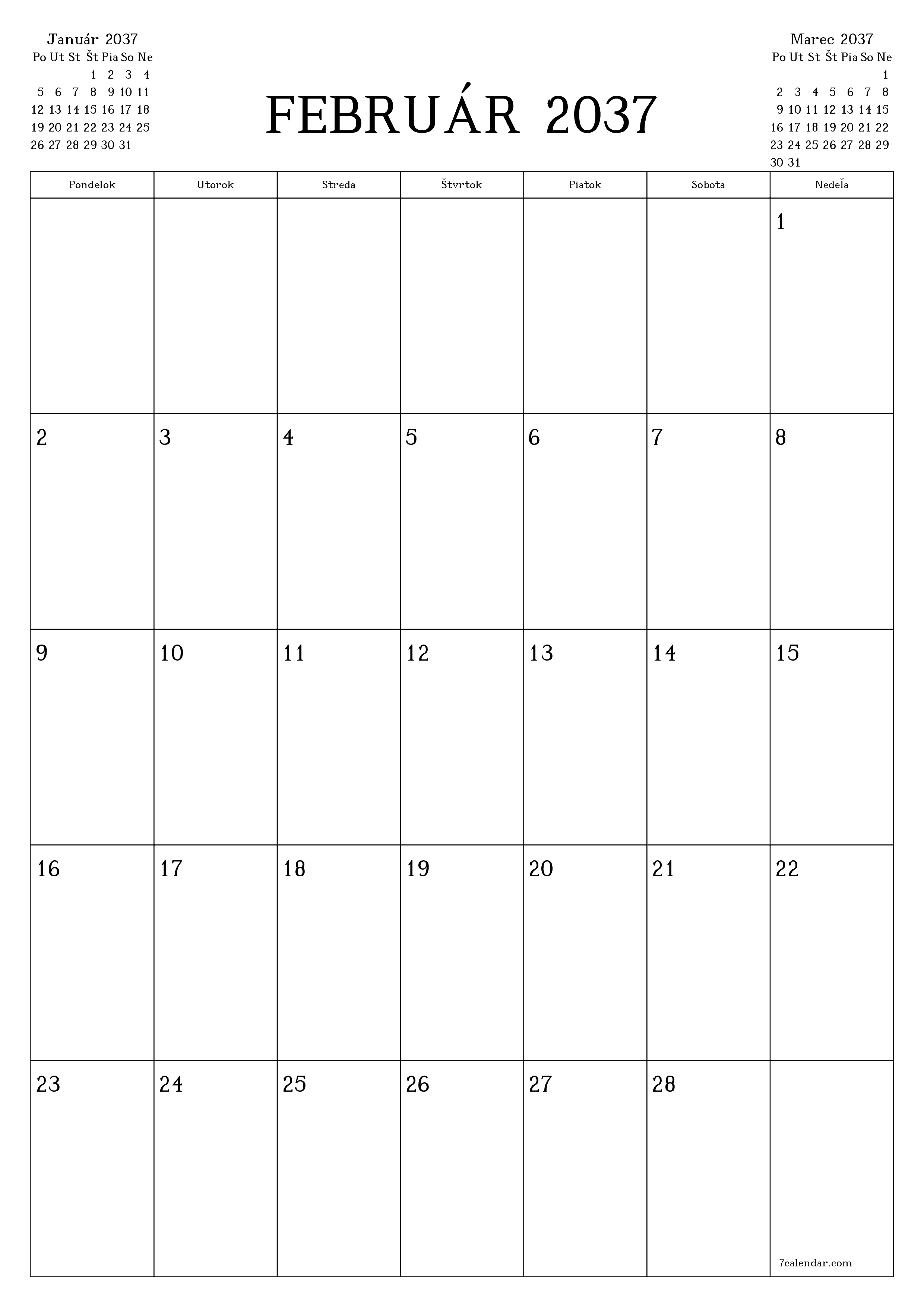 vytlačiteľný nástenný šablóna a bezplatný вертикальный Mesačne plánovač kalendár Február (Feb) 2037