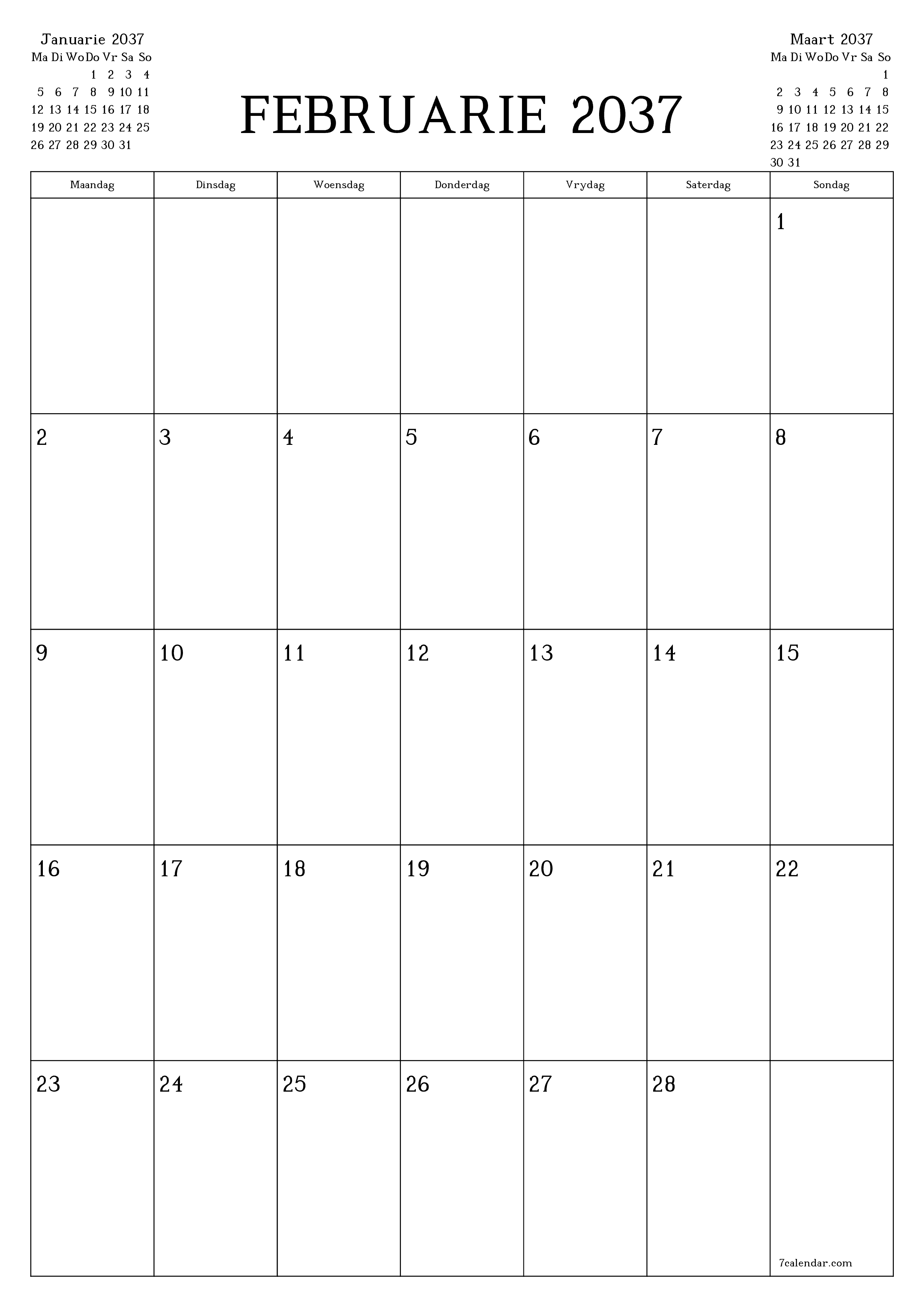 drukbare muur template gratis vertikaal Maandeliks beplanner kalender Februarie (Feb) 2037