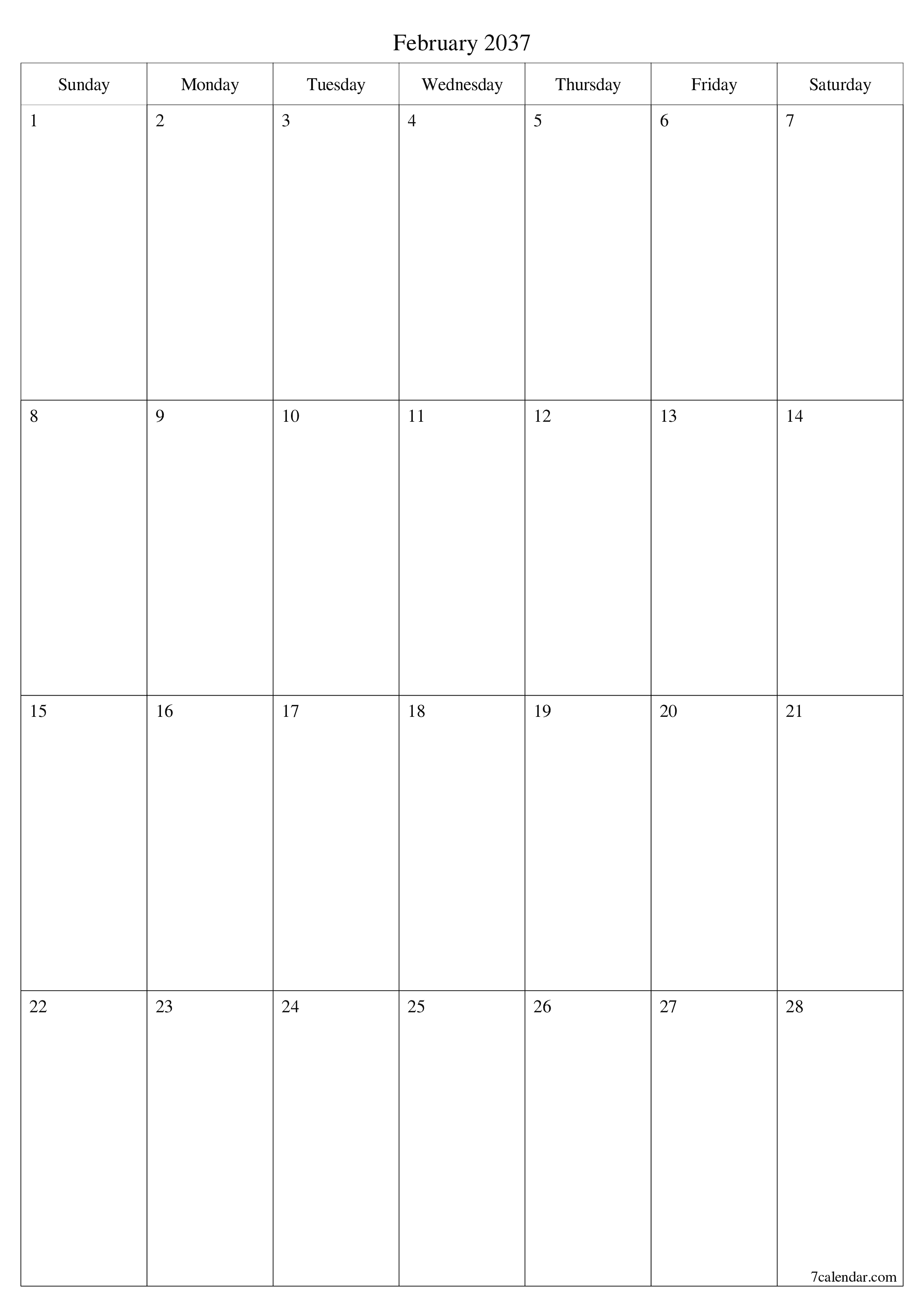 Blank calendar February 2037