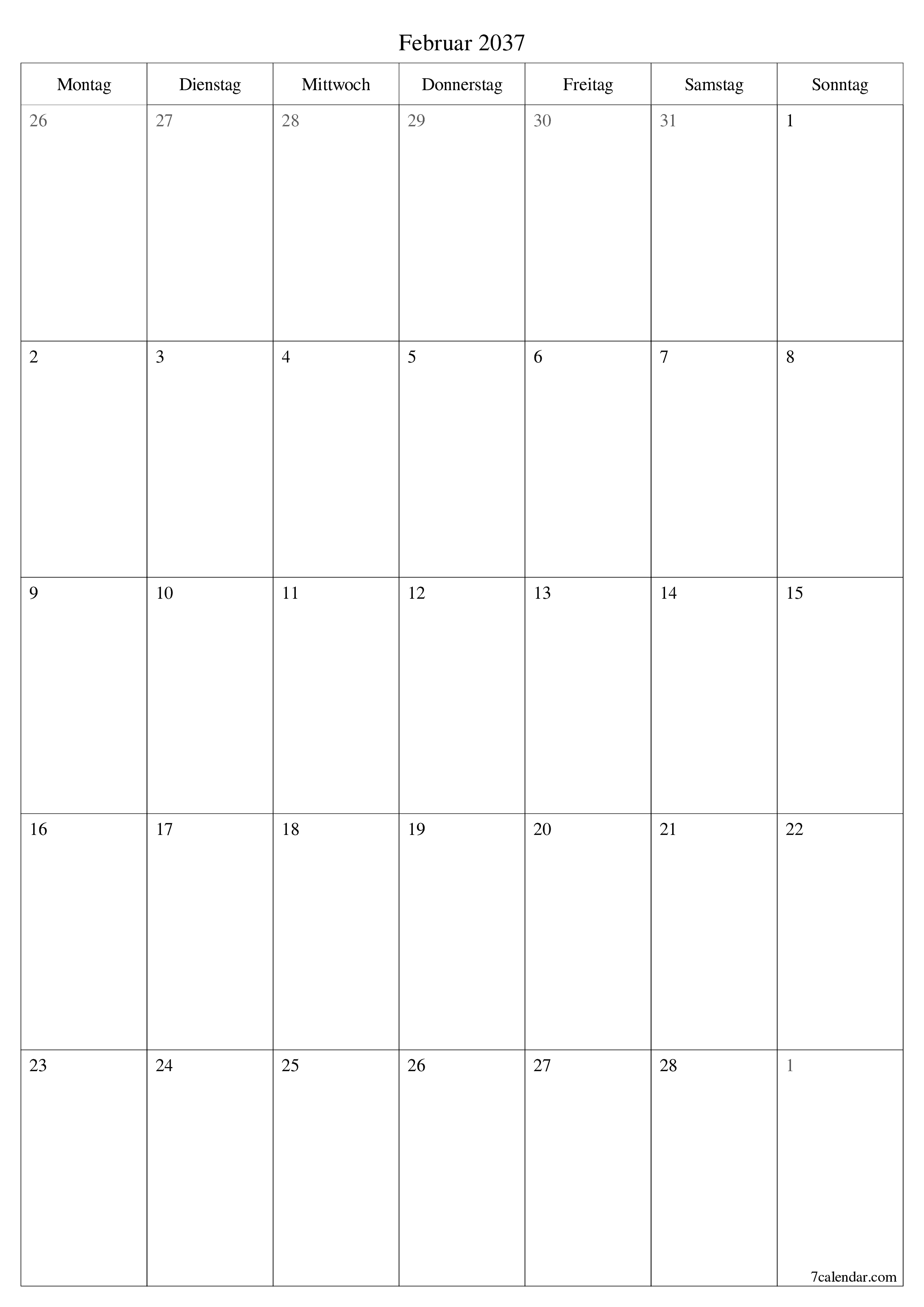  zum Ausdrucken Wandkalender vorlage kostenloser vertikal Monatlich Planer Kalender Februar (Feb) 2037
