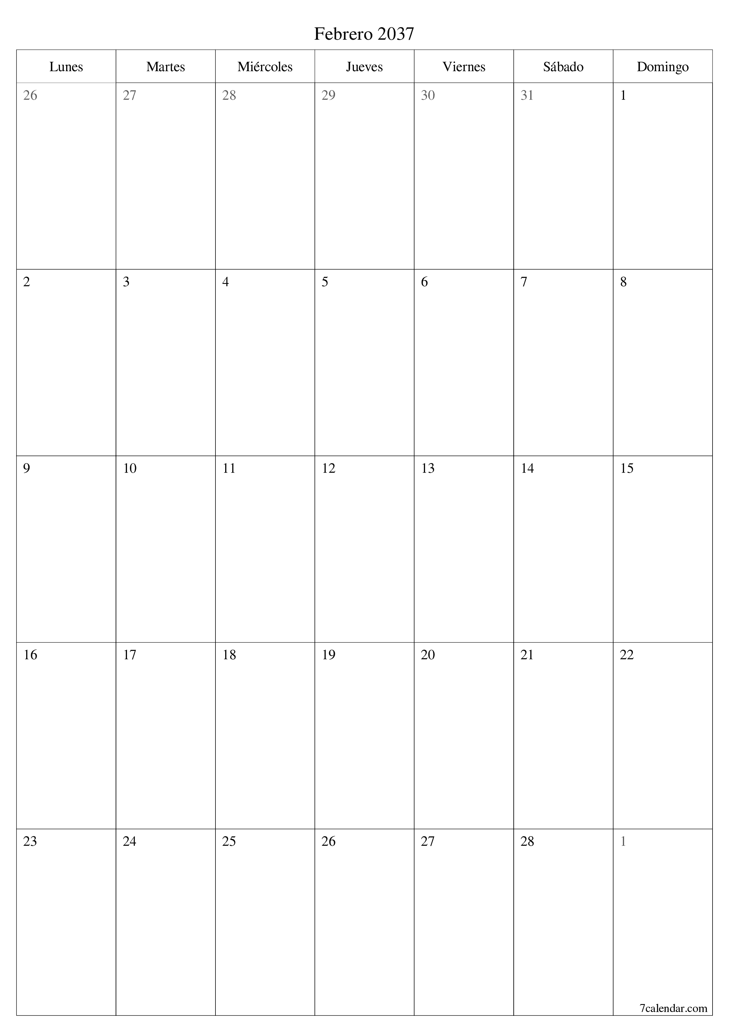 Planificador mensual vacío para el mes Febrero 2037 con notas, guardar e imprimir en PDF PNG Spanish